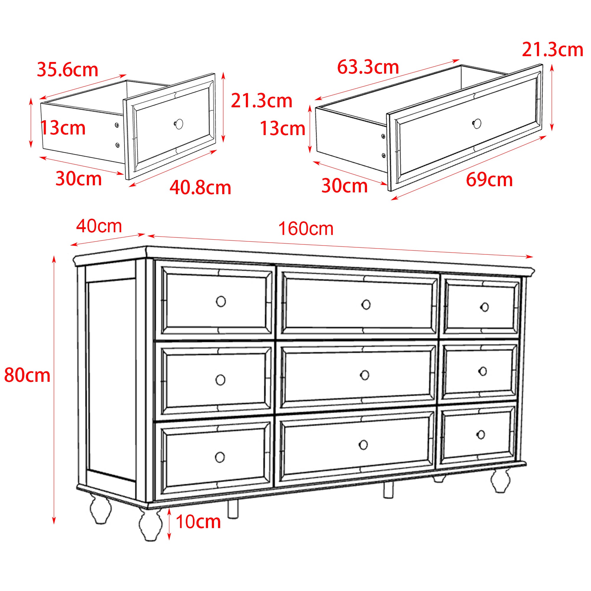 Commode moderne avec 9 tiroirs Salon Chambre Bureau 160x40x80cm façade Blanc - 6