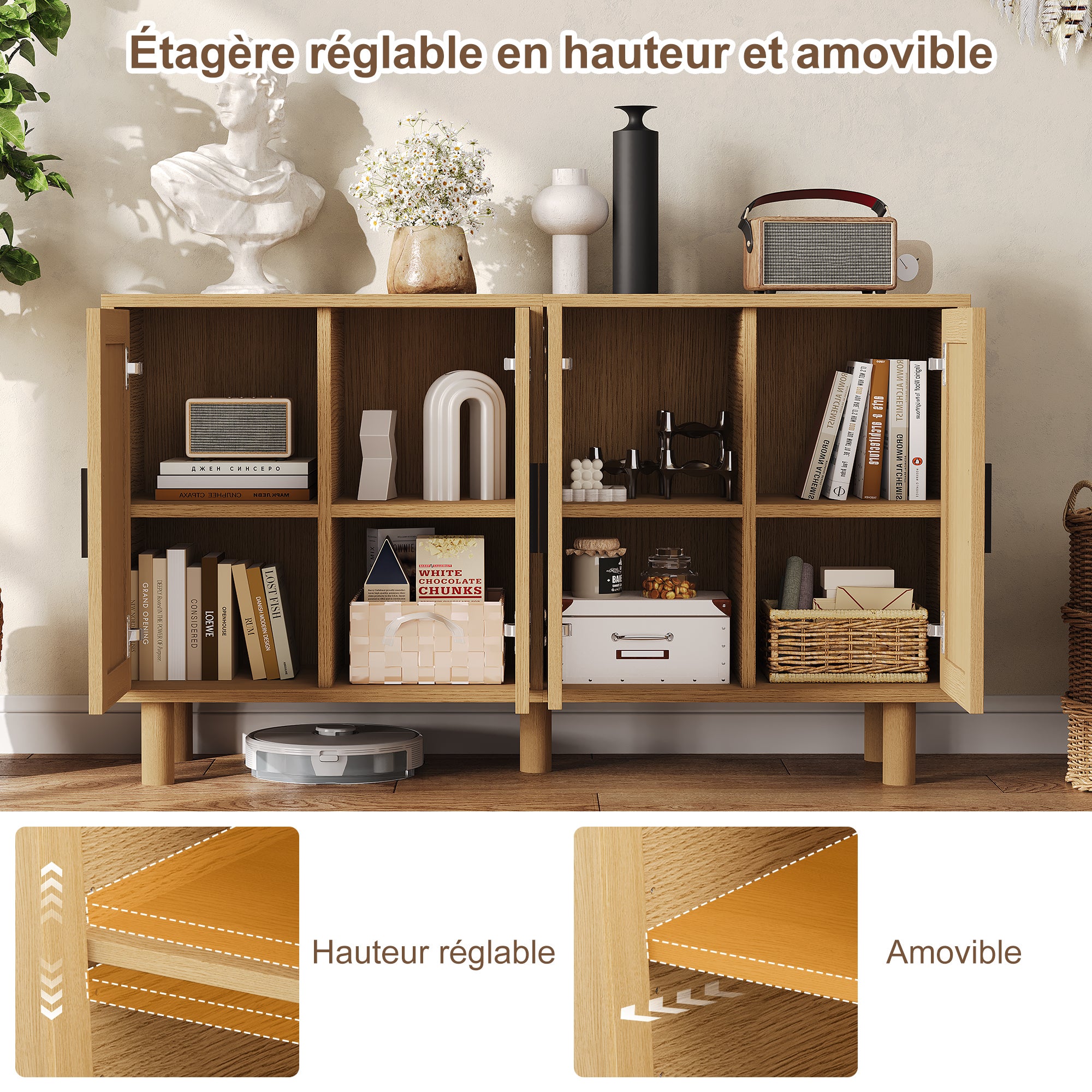 Buffet, meuble de rangement en bois chêne, avec 4 portes , meuble de rangement pour le salon, portes à motif tressé - 4