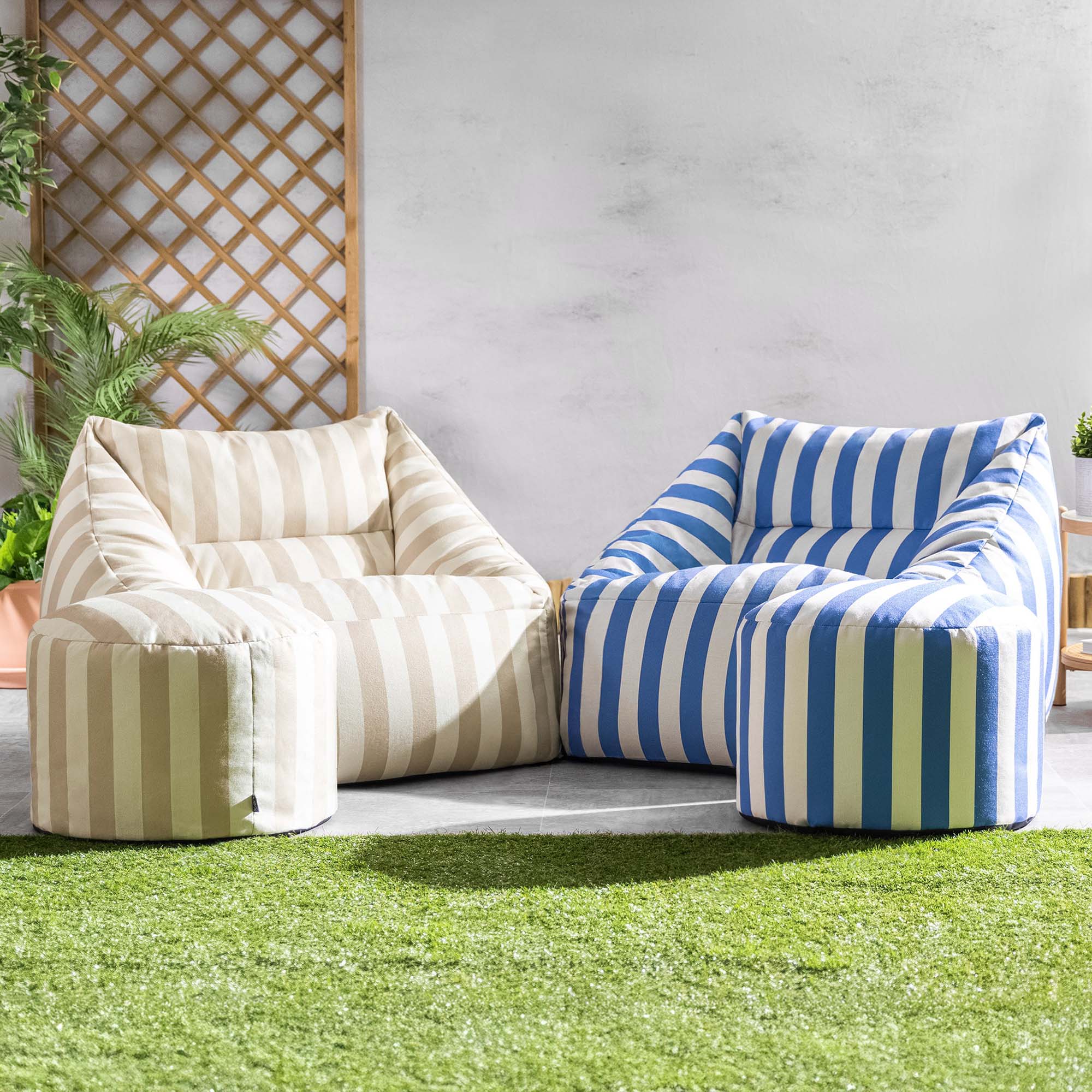 Pouf fauteuil Icon en tissu tissé Oeko-Tex® rayé beige taupe, intérieur et extérieur, jardin, salon, 97x84cm - 10