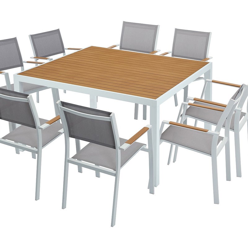 Zestaw mebli ogrodowych jadalnianych z aluminium: kwadratowy stół dł. 140 cm i 8 sztaplowanych foteli - Naturalny jasny i szary - MACILA marki MYLIA