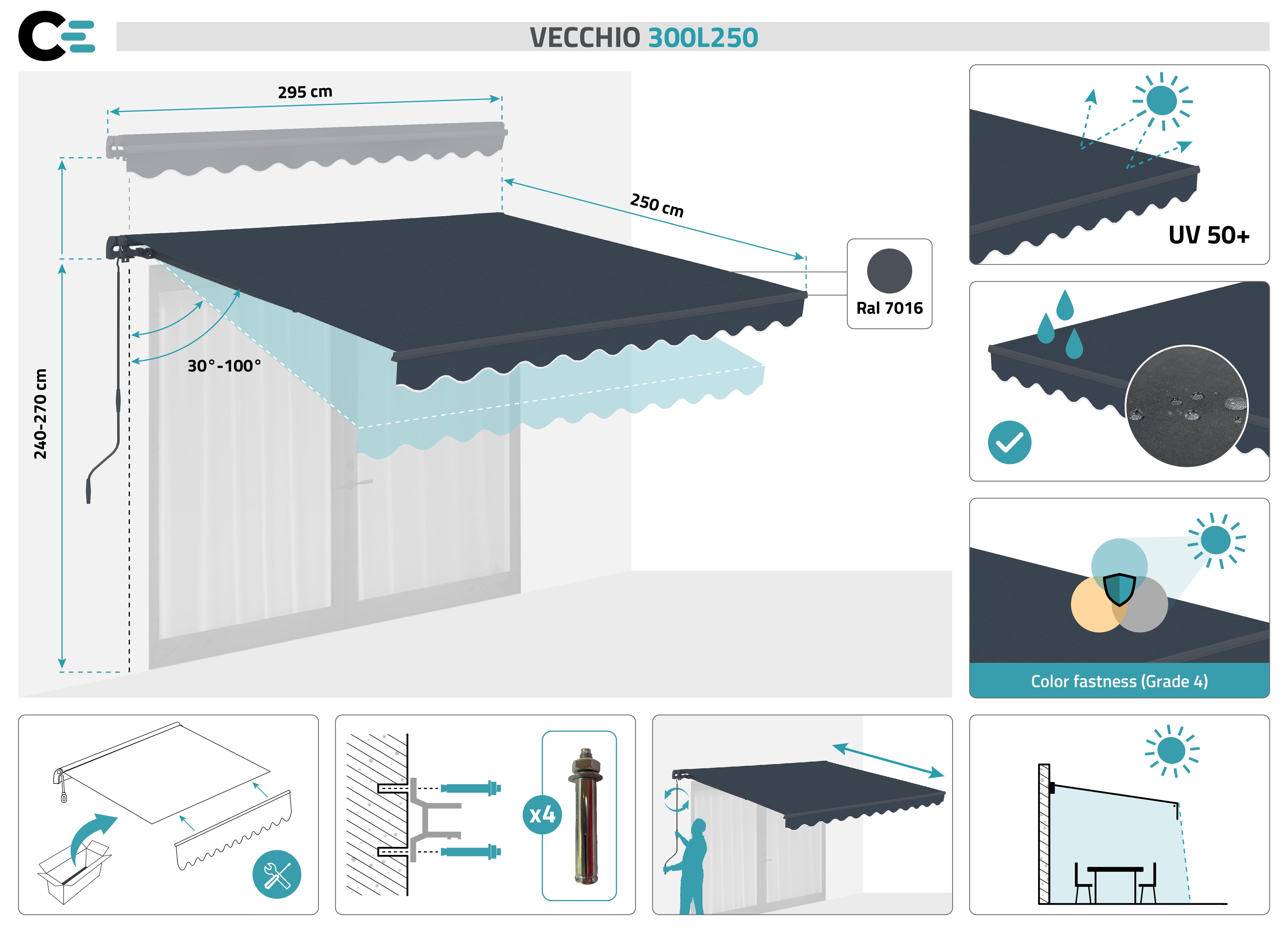 Store banne monobloc VECCHIO 3m x 2,5m - Toile premium 320g/m2 Gris - 2