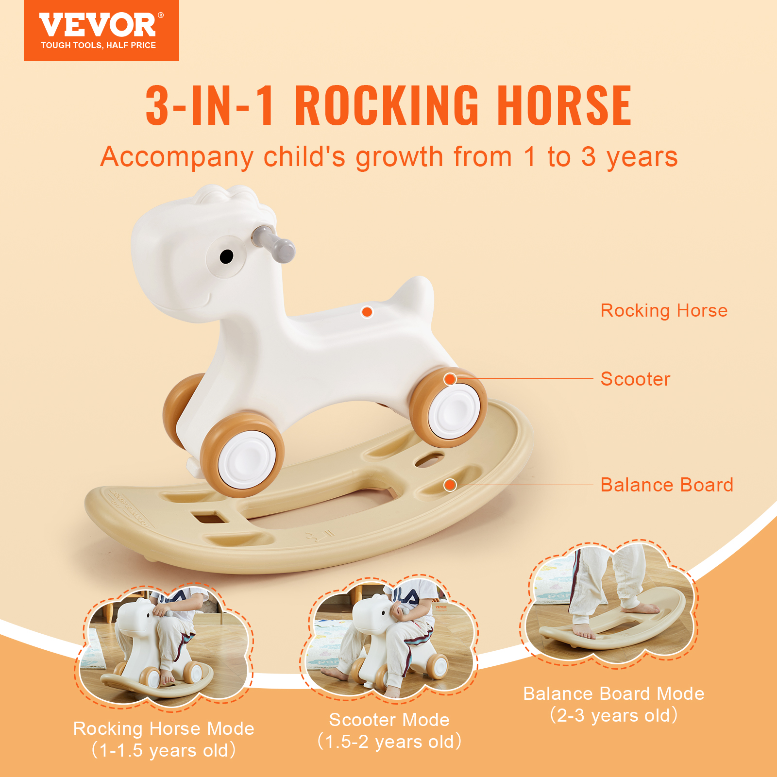 VEVOR Cheval a bascule 3 en 1 pour les enfants de 1 a 3 ans jouet a bascule avec planche d equilibre amovible et 4 roues lisses PEHD charge 36 kg Leroy Merlin