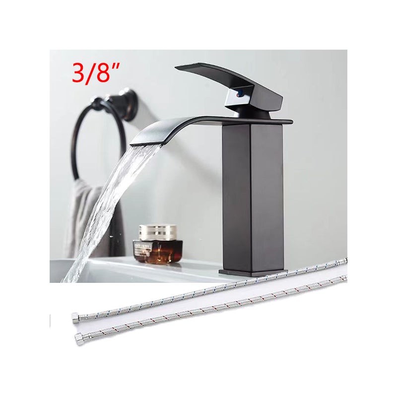 Nowoczesna bateria umywalkowa 3/8 cala, bateria łazienkowa, czarna bateria umywalkowa z 2 wężami doprowadzającymi wodę