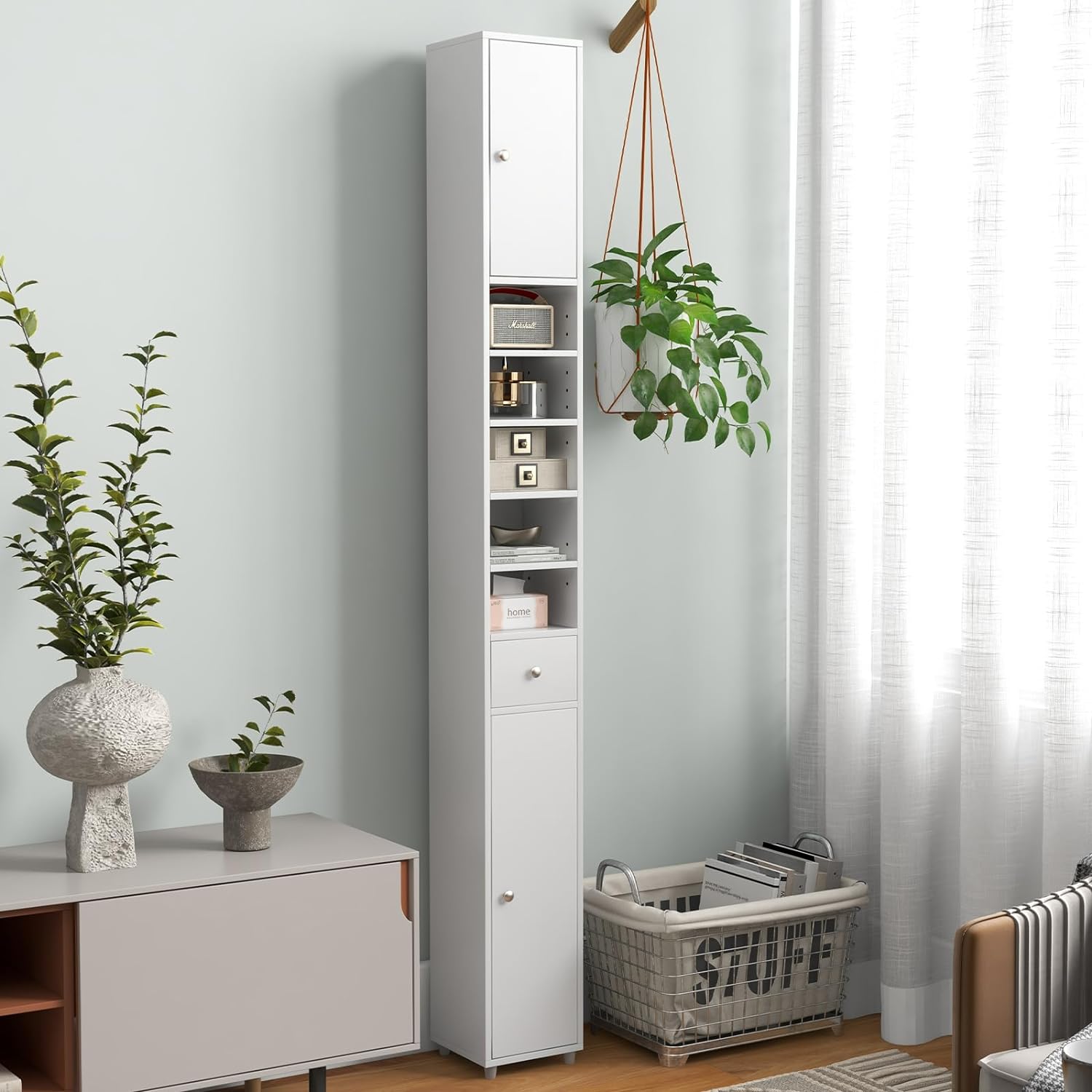 Armadio da Terra Alto, Mobile Colonna Bagno con 2 Ante 1 Cassetto e 5 Ripiani Regolabili, Mobile Bagno Salvaspazio per Soggiorno e Camera da L - 9