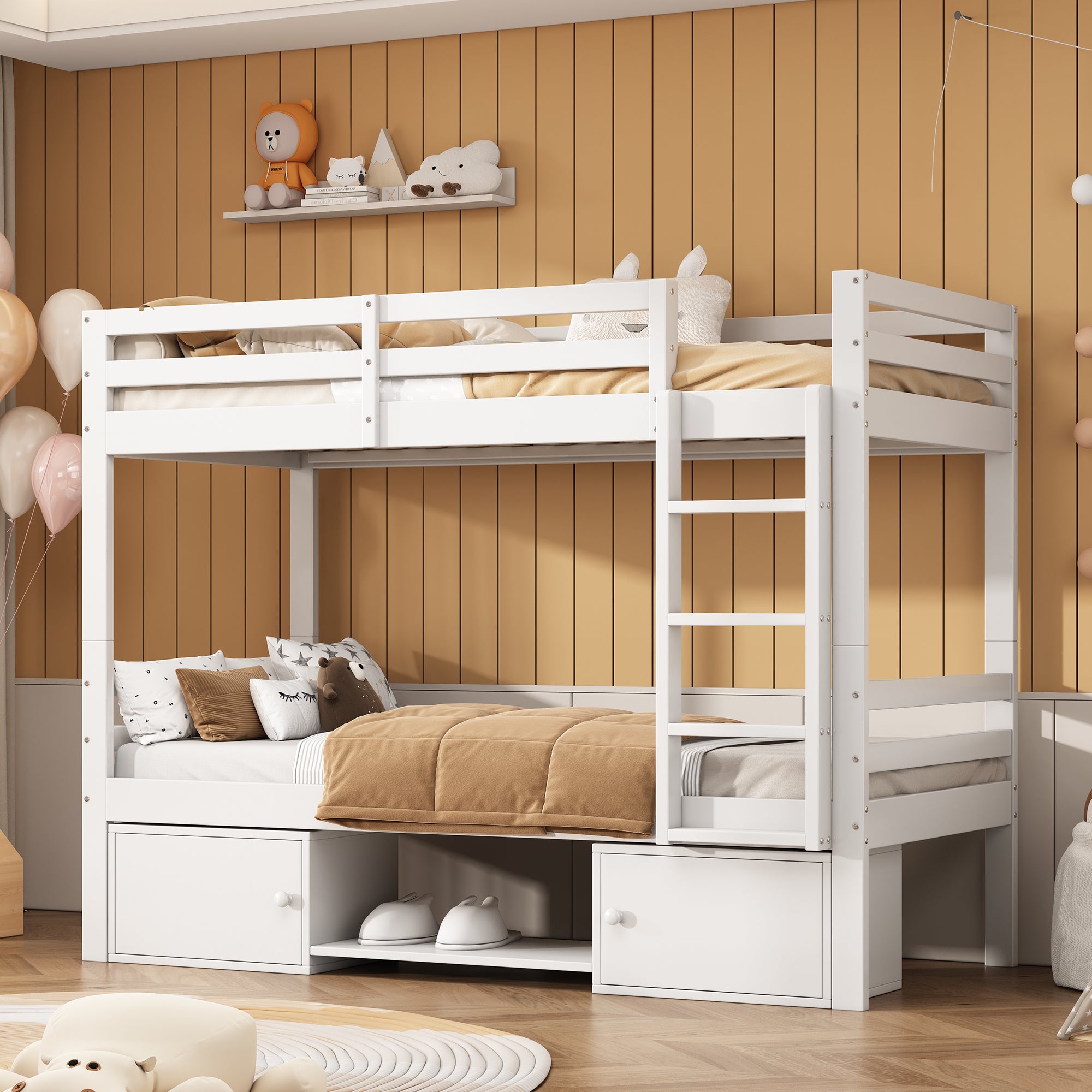 Łóżko piętrowe 90x200cm z litego drewna sosnowego z meblem do przechowywania i półką na buty - dzielone na 2 łóżka pojedyncze - Białe