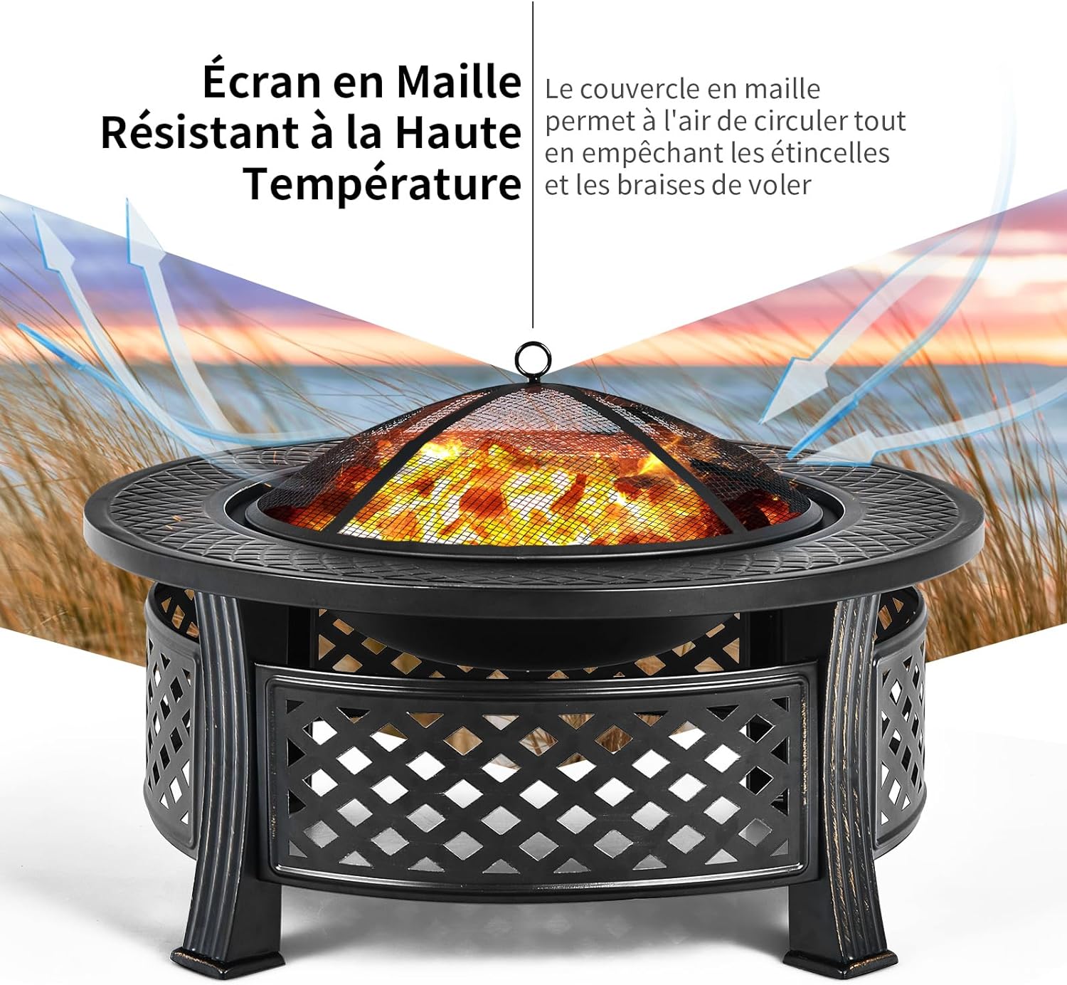 Brasero LIVIVIO 'Rombo' Avec Protection étincelles, Grille Barbecue Et Accessoires - Bronze - Pour Charbon - Neuf