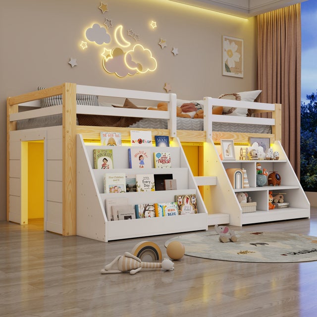 Lit enfant 90x200 avec étagères multiples, lit mi-hauteur avec éclairage led, garde-corps et échelle, rangements intégrés, bois de pin, blanc
