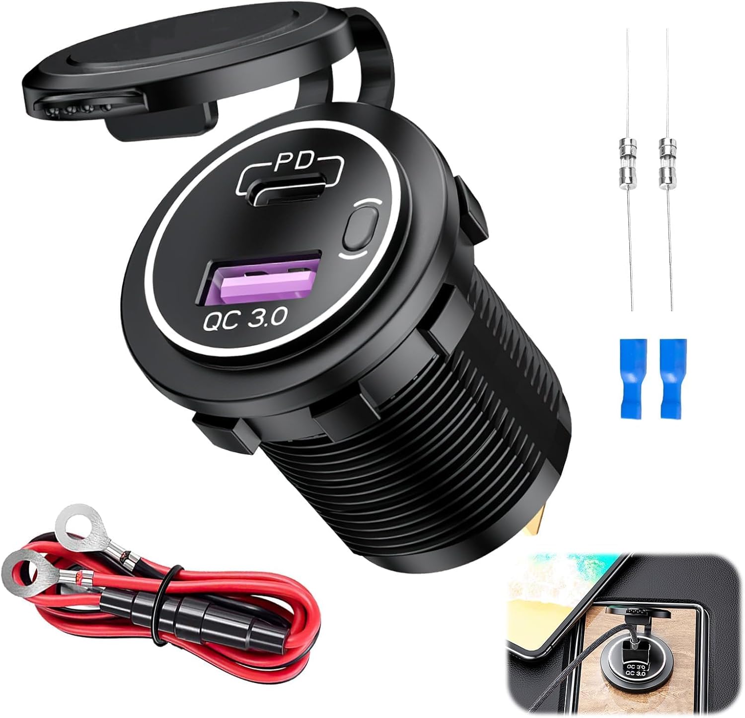 Ładowarka samochodowa USB C 48W – Zapalniczka PD 30W + QC3.0, wodoodporna z kablem 60cm, do ciężarówki/motocykla/tabletu