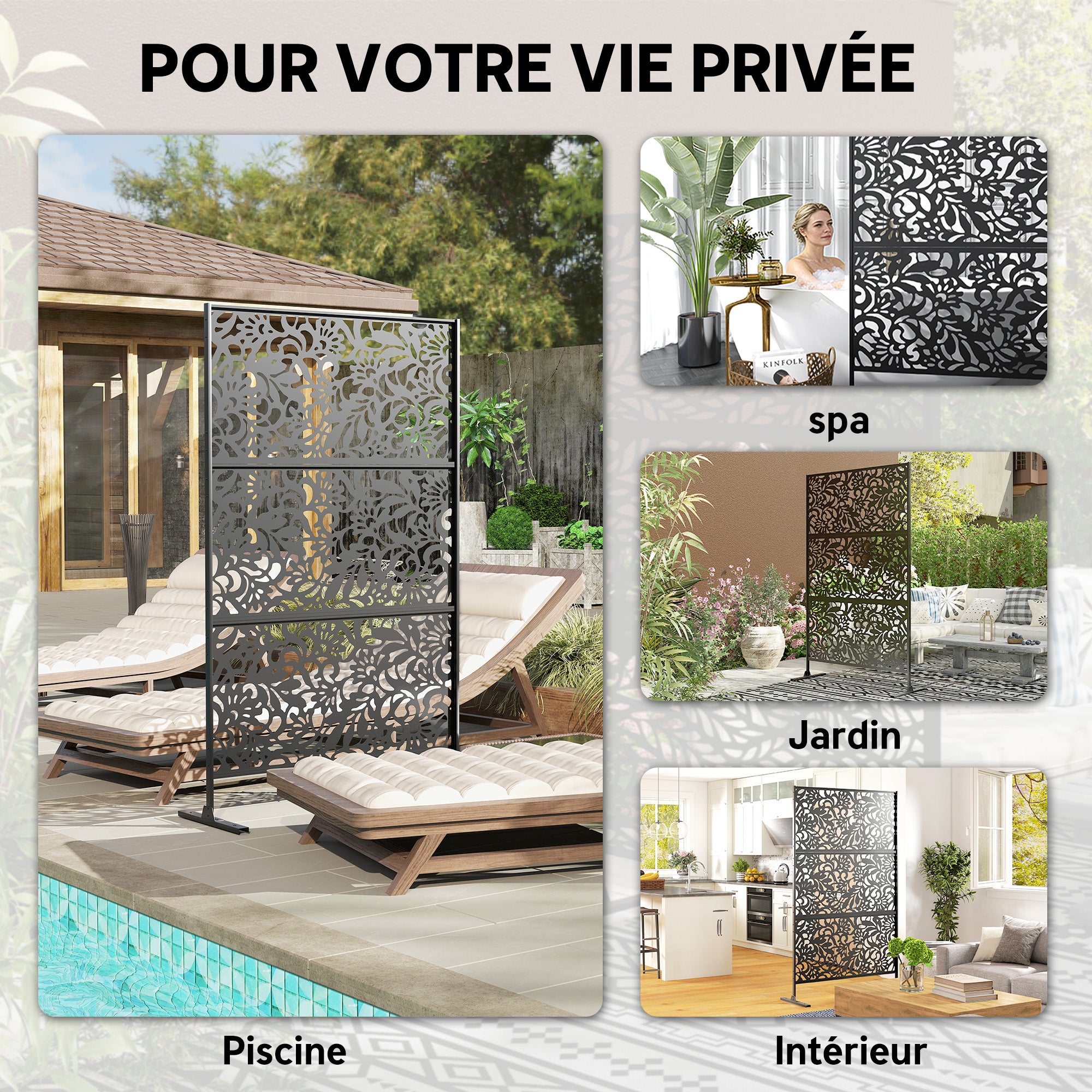 Panneau Brise Vue décoratif Extérieur Claustra Décoratif Jardin 3 Panneaux à motif floral Acier 122 x 45 x 198 cm Noir - COMFORTXL - 9