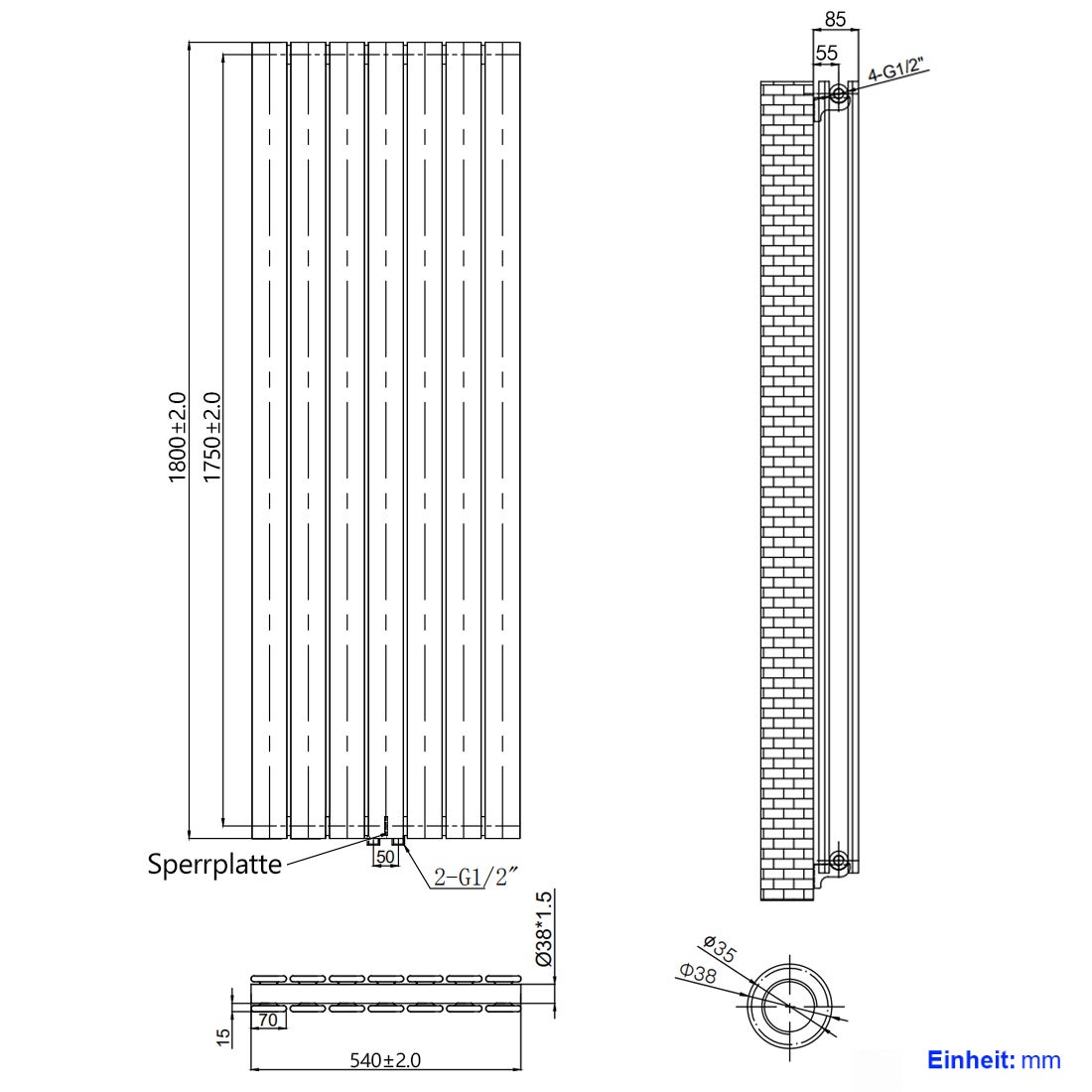 EMKE Radiateur eau chaude en acier 180x53cm 1949W Radiateur plat Double couche connexion centrale Montage mural, Anthracite - 6