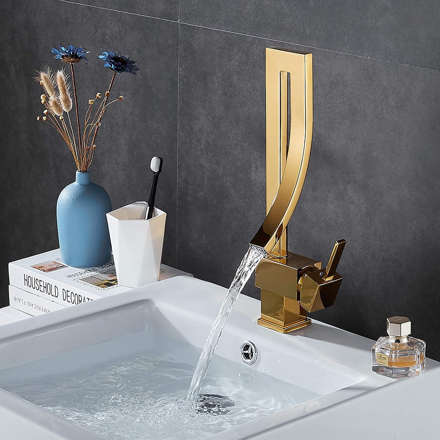 Tytanowa bateria umywalkowa - obrotowa bateria wodospadowa 360° do wody ciepłej i zimnej - wyposażona w wąż doprowadzający wodę G3/8