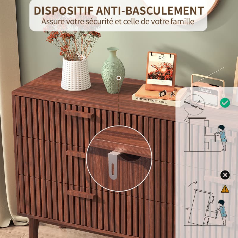 Commode à 6 tiroirs cannelés, commode de rangement moderne en bois pour chambre à coucher, salon, couloir ou dressing, couleur noyer. - 8