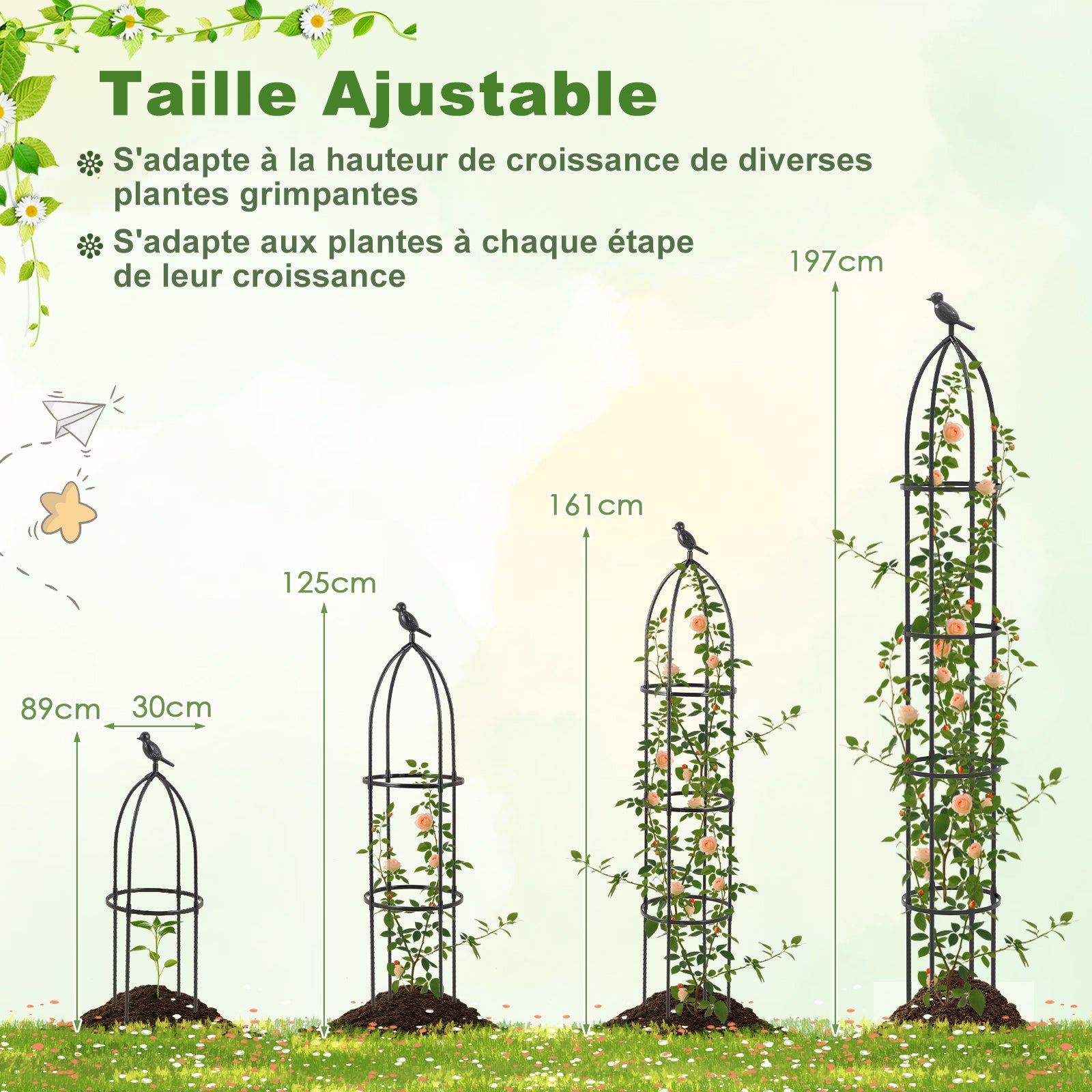 Lot de 2 Treillis Obélisque de Jardin Hauteur Réglable, Support pour Plantes Grimpantes en Métal Antirouille Mangeoire à Oiseaux, 30 x 197 CM - 3