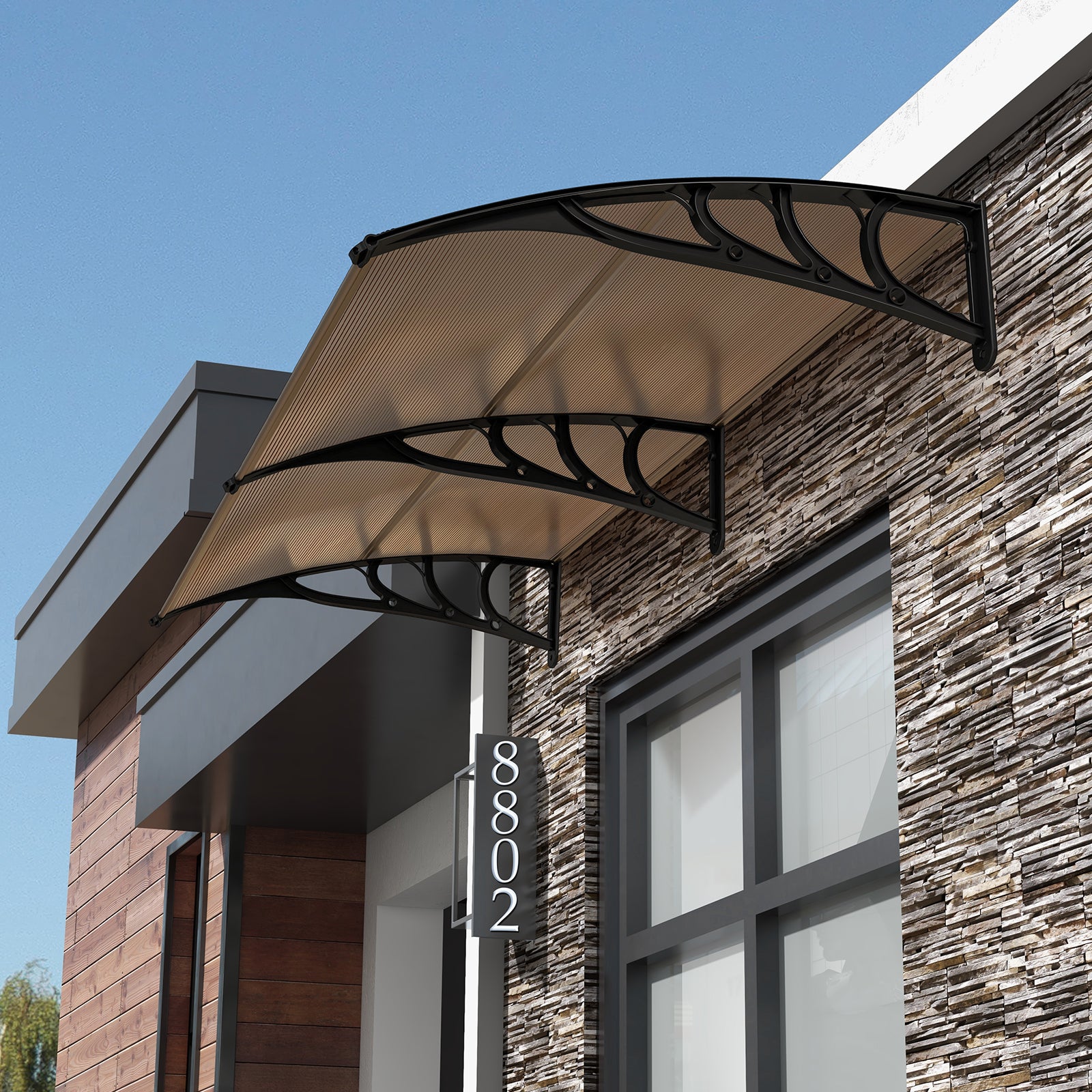 Toldo para porta de entrada 199 x 99 cm Proteção solar, marquise para porta e janela Placa em policarbonato Proteção contra chuva, castanho - 2