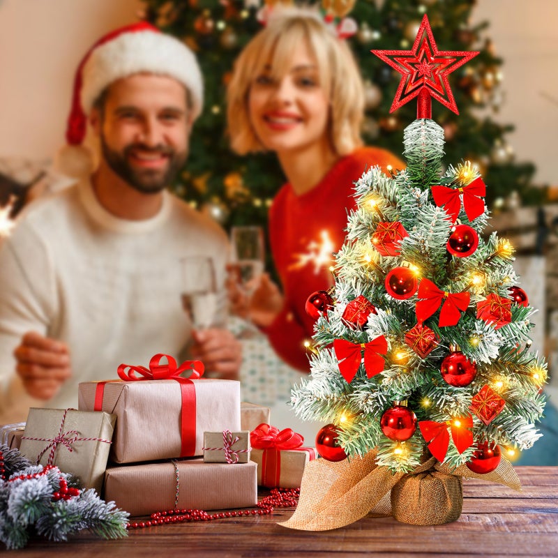 40 cm choinka stołowa, miniaturowe sztuczne choinki ze światłem, czubkiem i ozdobami choinkowymi, ozdoby świąteczne, kolor czerwony - 5