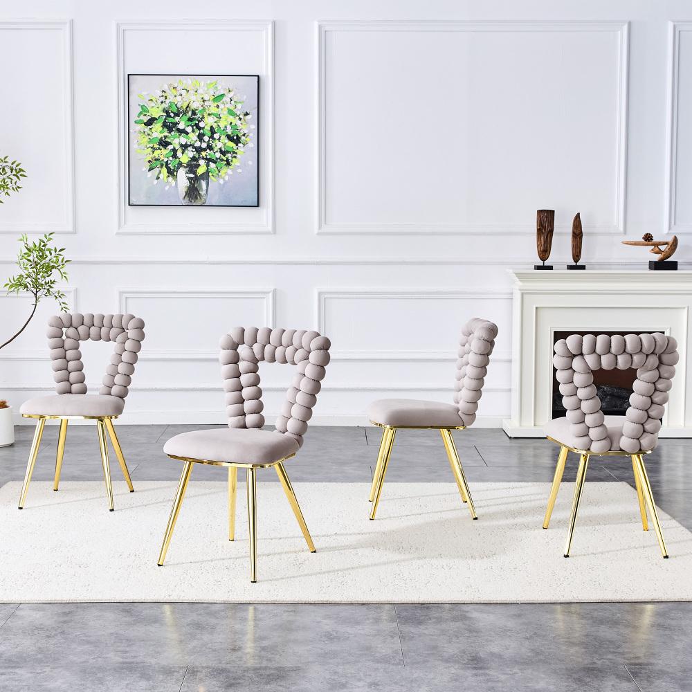 Chaises en Velours Gris Clair (Lot de 2) – Dossier Géométrique Découpé, Pieds Métalliques Dorés, Stables et Élégantes - 7