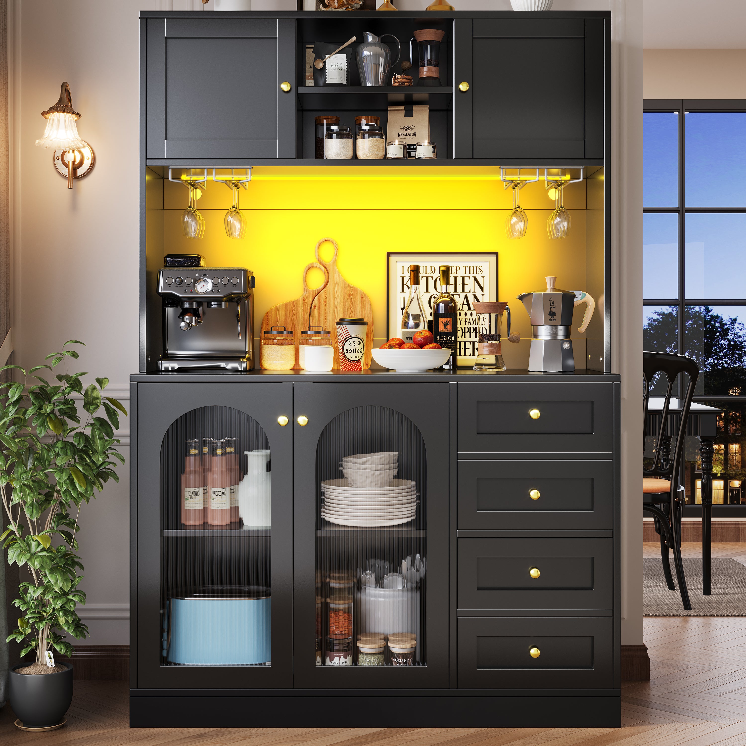 Buffet de cuisine haut avec 4 portes, 3 tiroirs et porte-gobelets - 120 x 40 x 188 cm - MDF - LEDs - Noir - 3