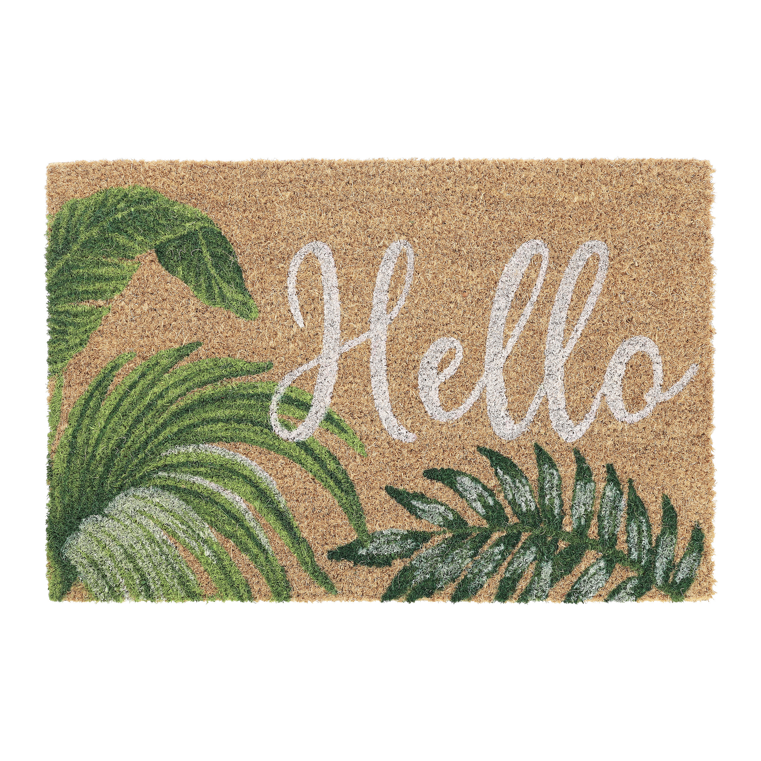 Relaxdays felpudo coco, estampado hello, 60 x 40 cm, resiste la intemperie, tapete interior exterior, natural, verde