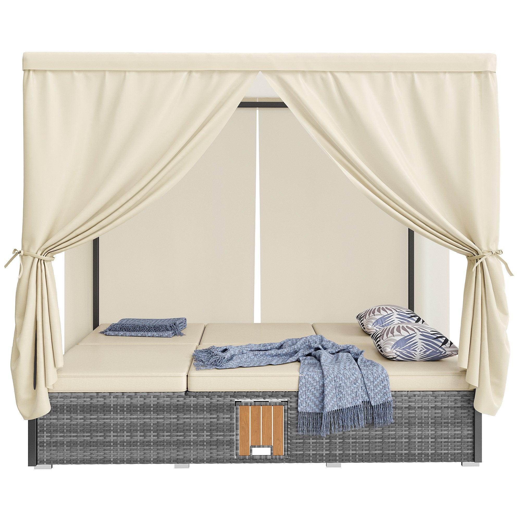 Chaise longue de jardin lit double avec parasol, chaise longue en rotin, coussins et table pliante avec coussins crème - 5