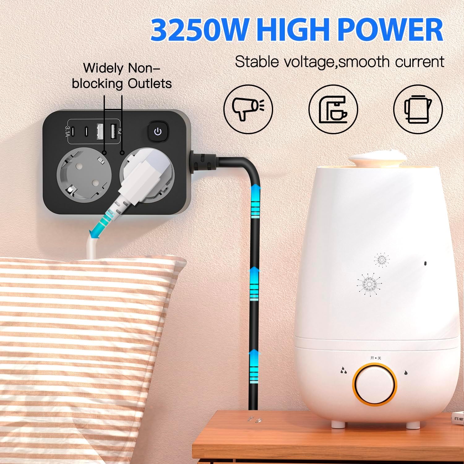 Una multipresa multifunzione con una presa di corrente e quattro porte USB, adatta per la casa, l'ufficio e i viaggi. - 6