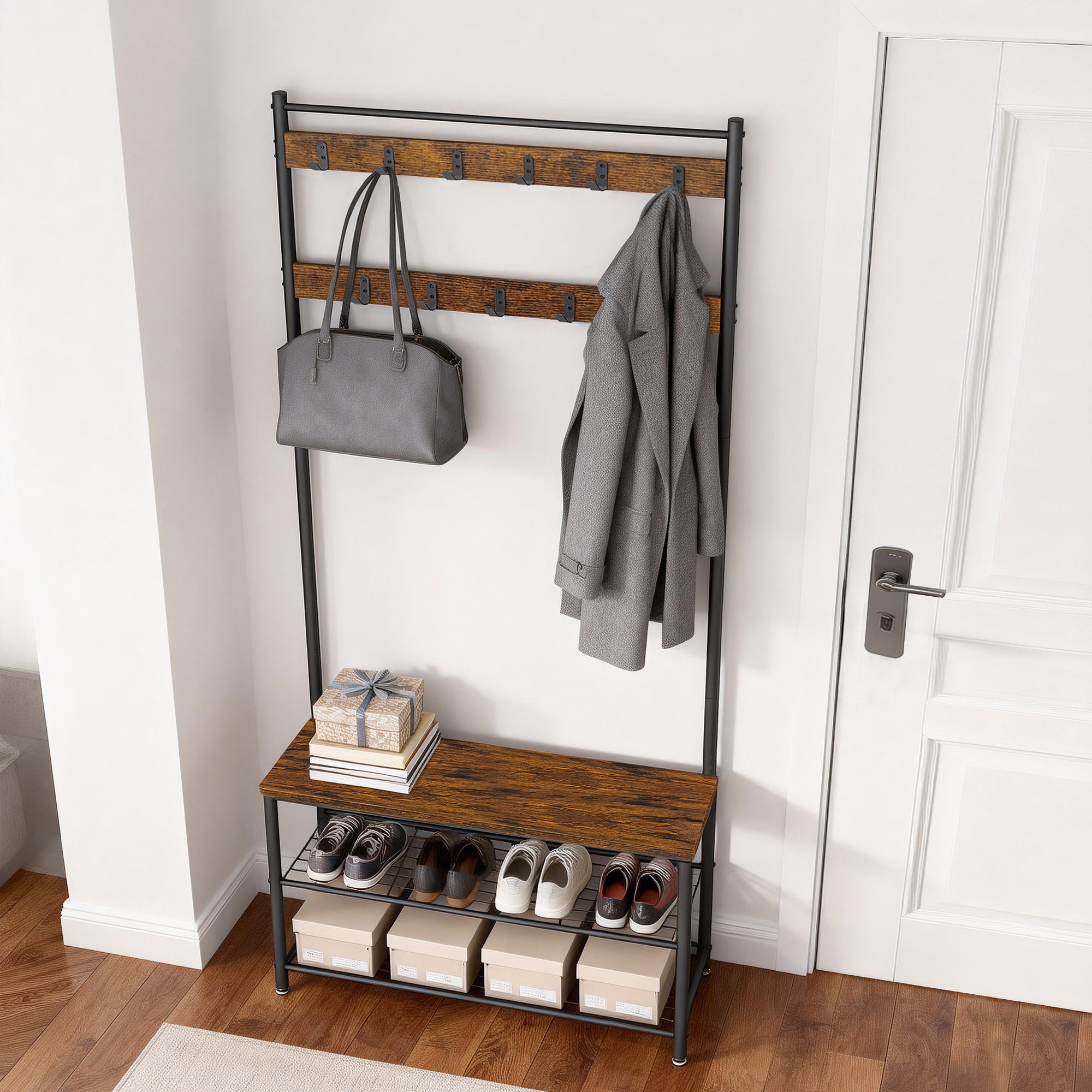 Portemanteau d’Entrée avec Banc de Rangement à Chaussures, 85 x 32 x 175 cm, Marron et Noir - 3