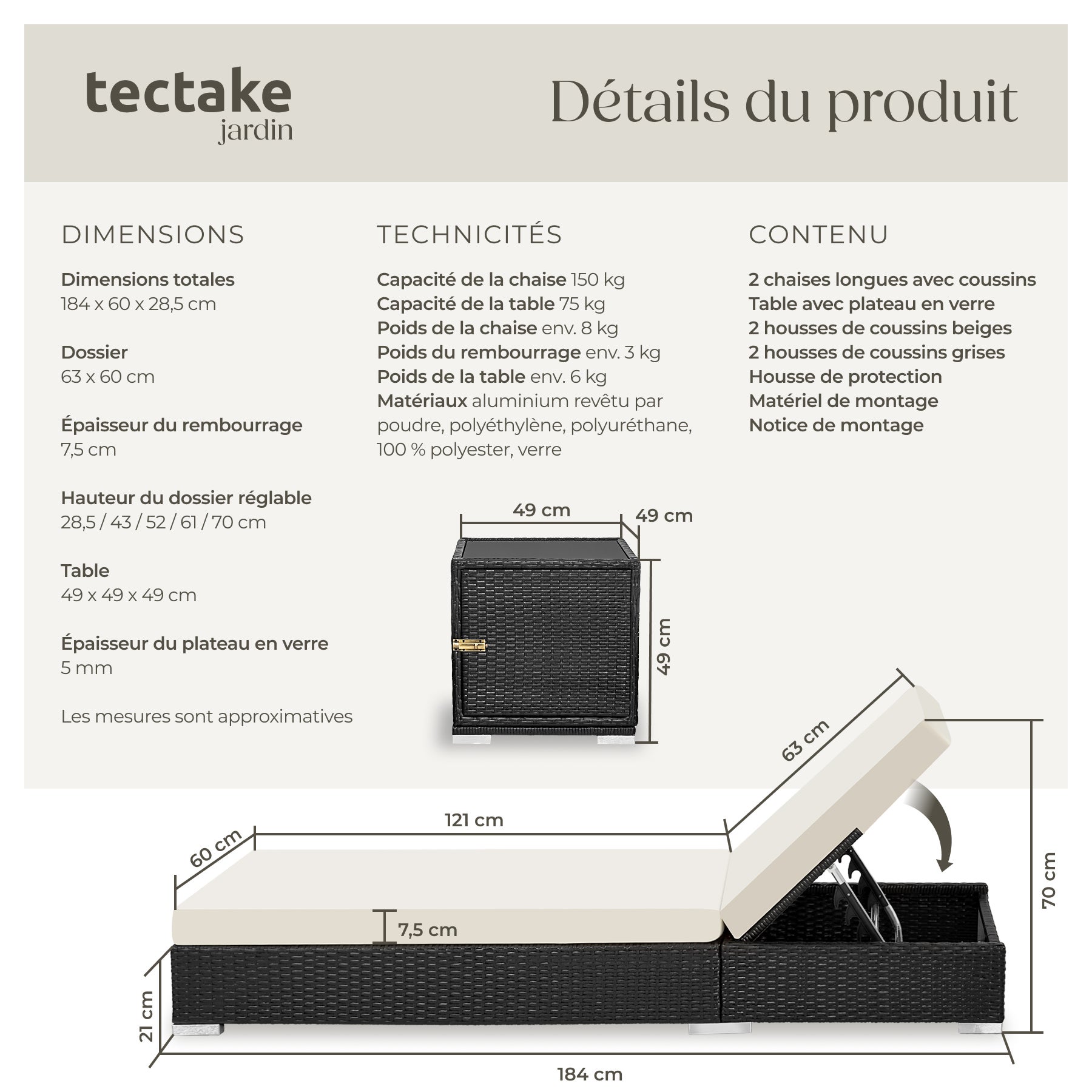 TECTAKE 2 espreguiçadeiras de rattan de alumínio Resistente às intempéries - 6