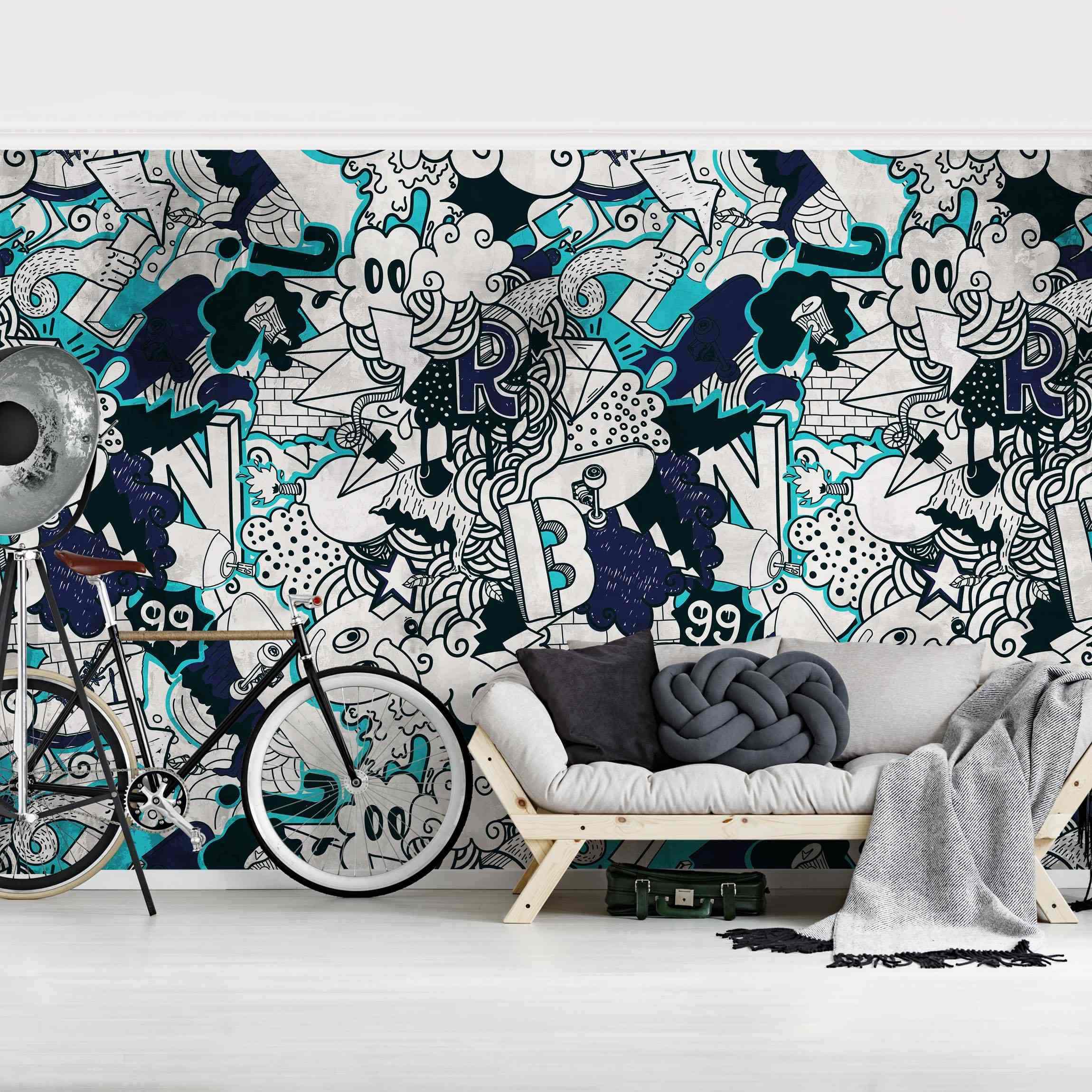 Papel pintado fotomural ilustración deportes graffiti street art arte urbano 385 - dormitorio juvenil salón - tnt 432 x 290 cm premium