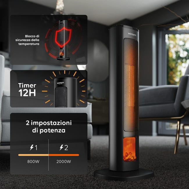 Termoventilatore con effetto camino a risparmio energetico, oscillante Termoventilatore con effetto camino a risparmio energetico, oscillante