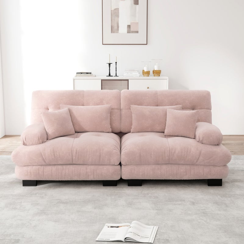 Zdjęcia - Sofa narożna, szenilowa, 2-osobowa, z 4 poduszkami, rama z litego drewna, różowa
