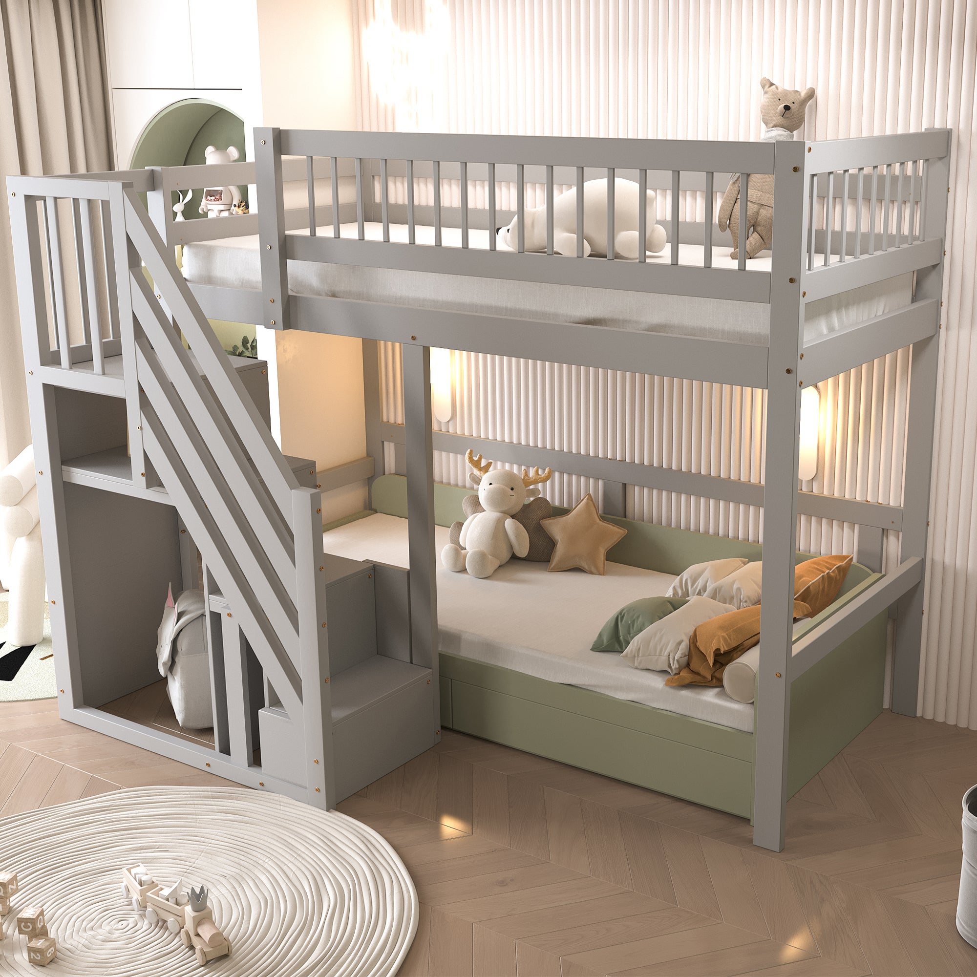 Letto in legno massello 90x200, scala con mobile contenitore, letto per bambini, letto per ragazzi, letto singolo, grigio - 3