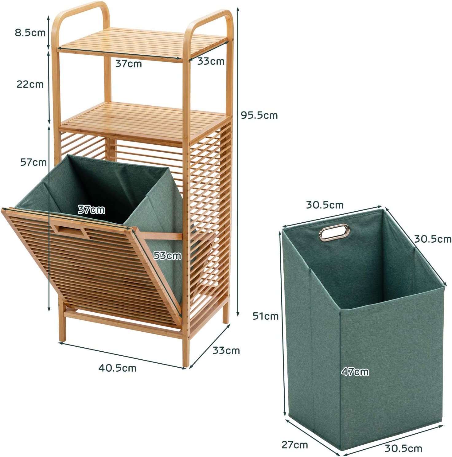 Meuble Panier à Linge Basculant, Panier a Linge avec Étagere en Bambou, Sac Amovible, Doublure Oxford, pour Salle de Bain, Buanderie - 5