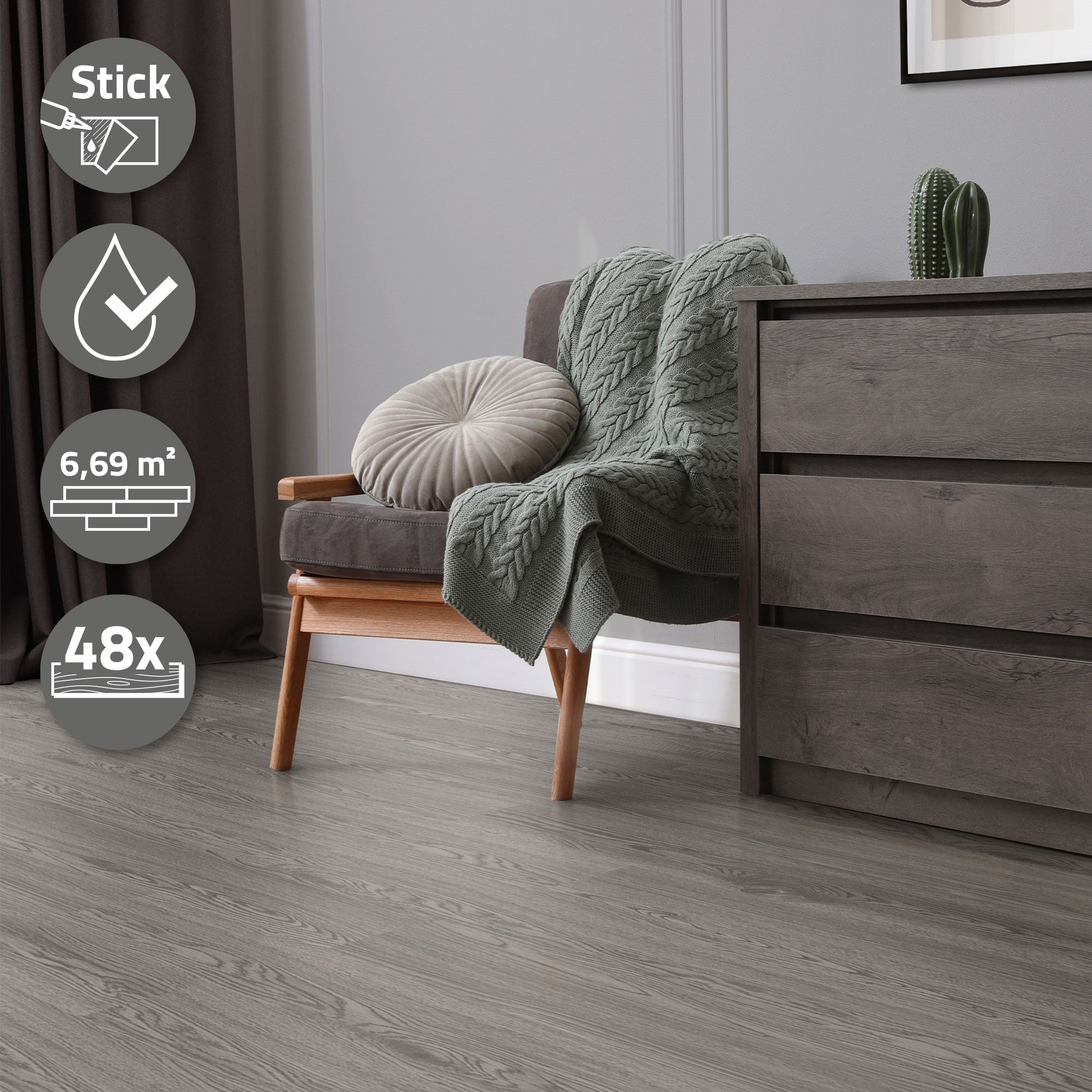 Revêtement de sol autocollant en PVC vinyle 6,69m²/48 planches 91,5 cm x 15,3 cm gris aspect chêne antidérapant résistant à l'eau et l'abrasion - 2
