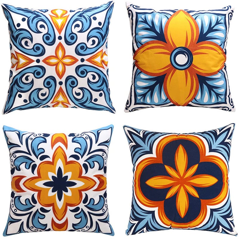 Poszewka na poduszkę Boho 45x45, zestaw 4 sztuk, niebiesko-pomarańczowa, geometryczna mandala, kwiatowy, rustykalny, dekoracyjny wzór lniany