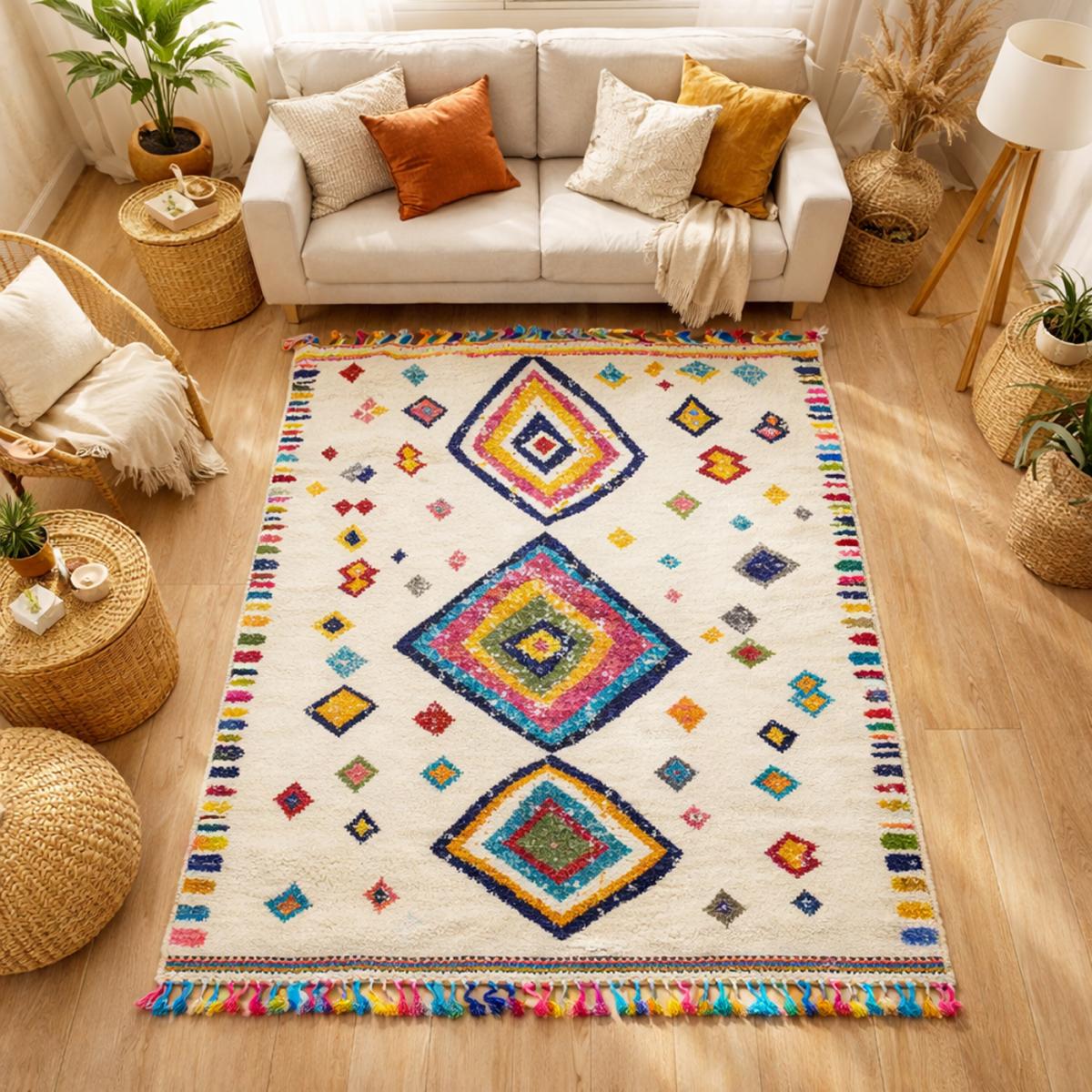 Tapis berbère 120x170 tissé motif ethnic LYN5 OURIKA F ivoire - 2