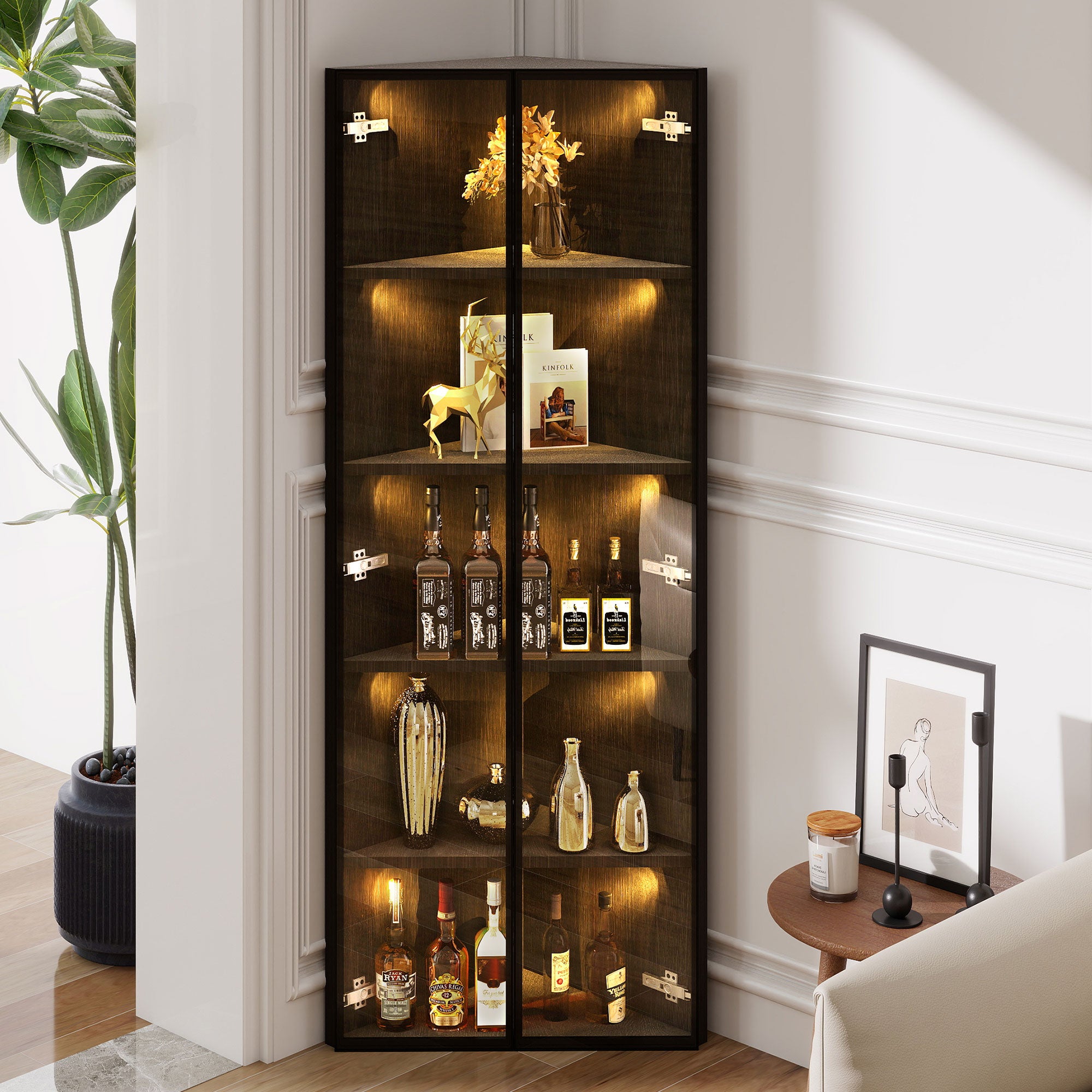 DADEA Vitrine en verre avec miroir 4 étagères vitrine à 2 portes avec lumière et serrure armoire de rangement en verre sur pied (blanc, miroir 2D + lumière, 4 L