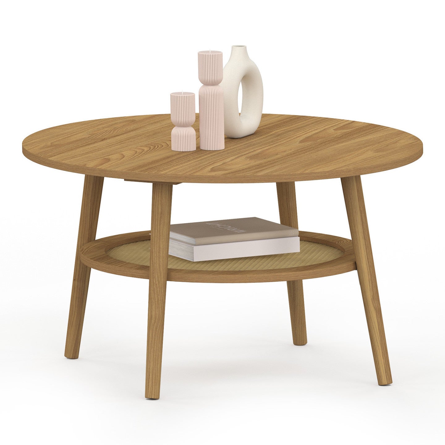 Table basse ronde HANAE 70 cm bois façon hêtre et plateau effet naturel cannage - 2