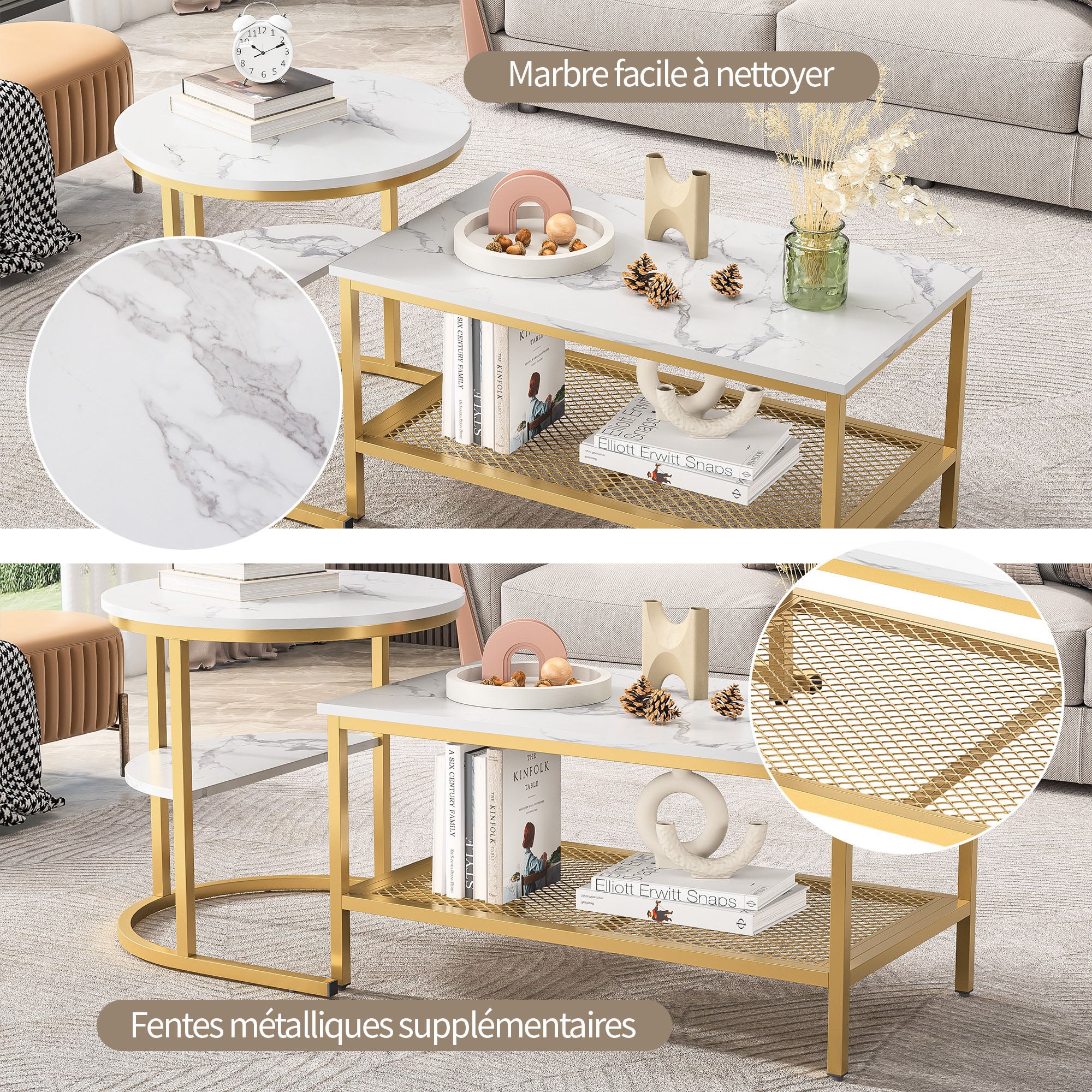 Tables Basses, Lot de 2, COZY, avec Placage de Marbre Blanc, Cadre en Métal Doré, Design Élégant, Polyvalente pour Salon et Jardin - 6