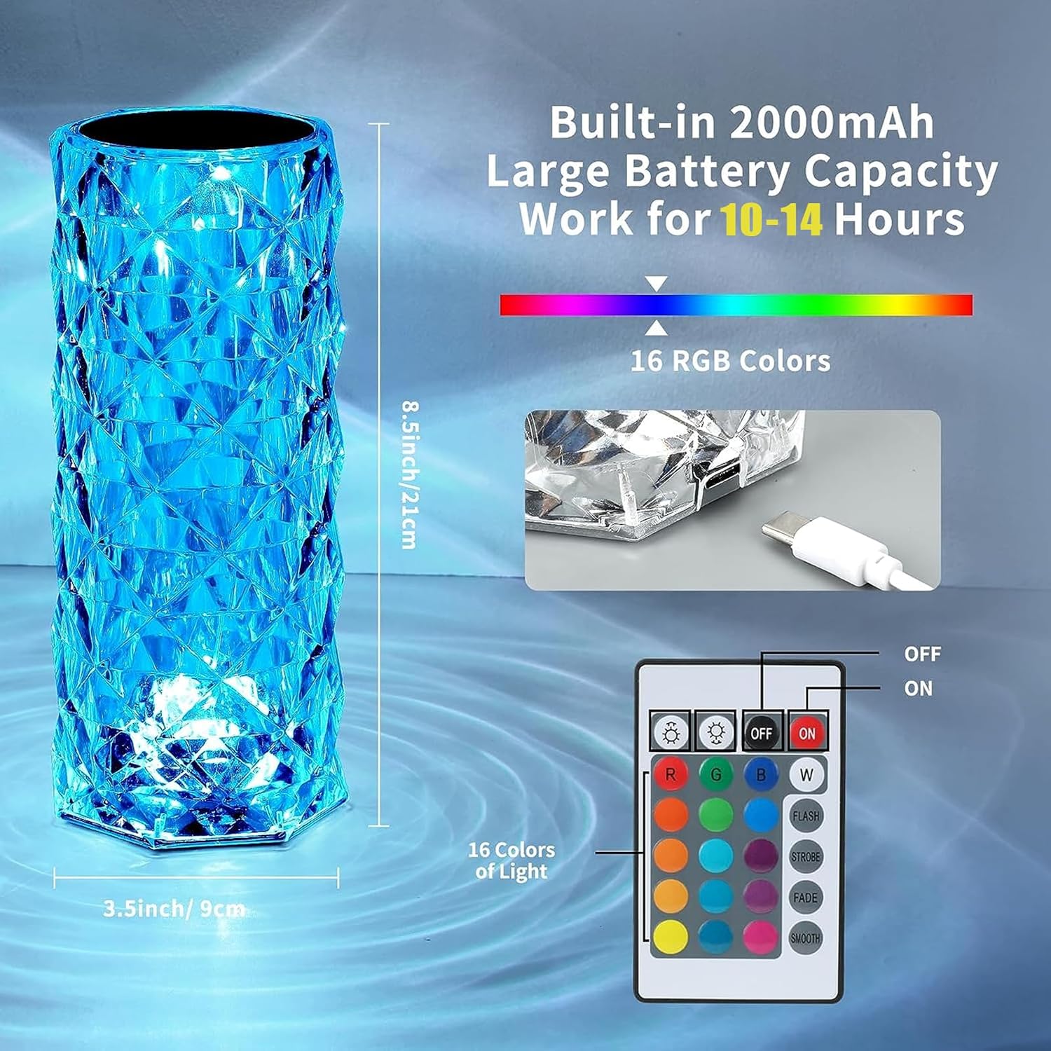 Lampe de table LED, lampe de chevet, lampe de table en acrylique diamant , lumière de nuit RVB changeante 2000 mAh, 16 couleurs, pour chambre - 2