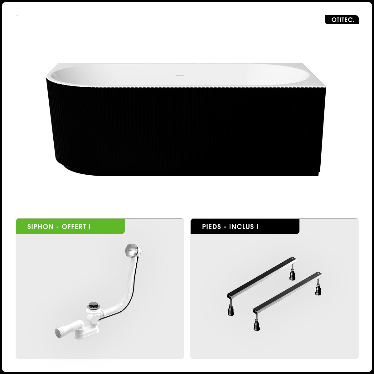 Bañera asimétrica - 150 x 75 cm - Derecha - Con sifón Cromado - Patas - INCLUIDAS - DENAYA - 2