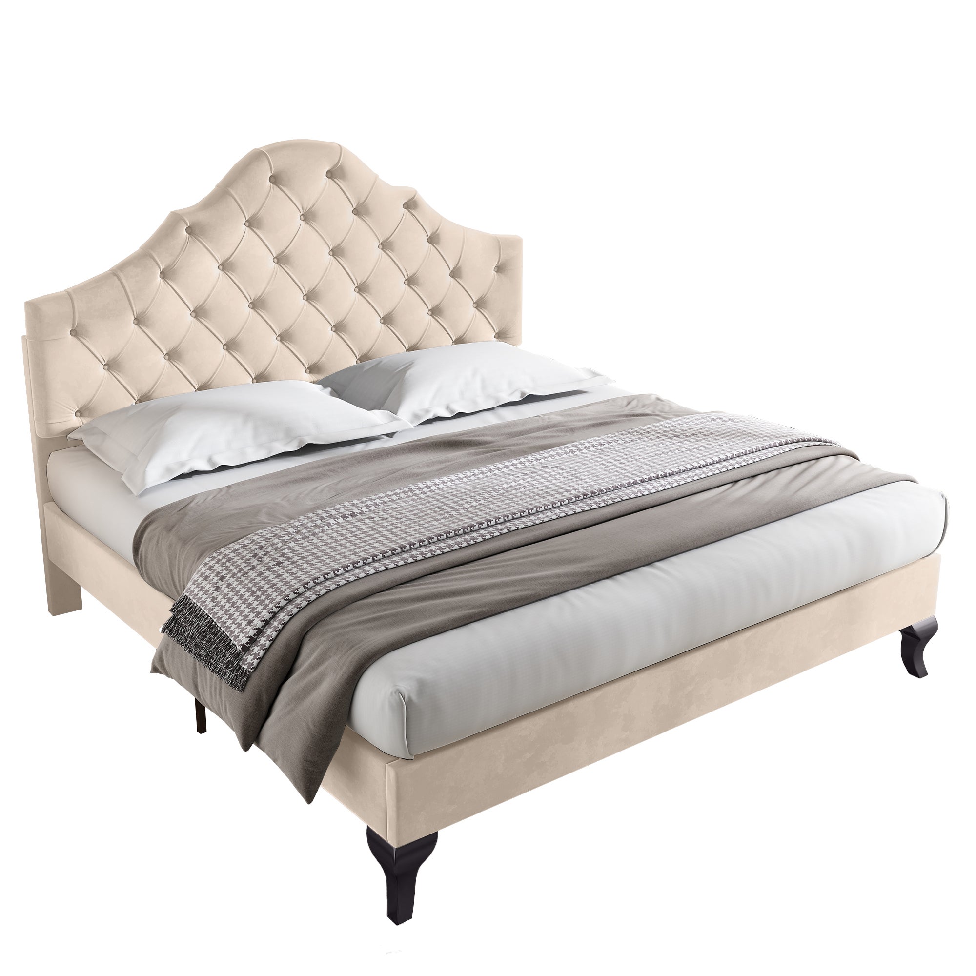 Cama tapizada 140x190cm en terciopelo con cabecero regulable + somier - Beige - 6