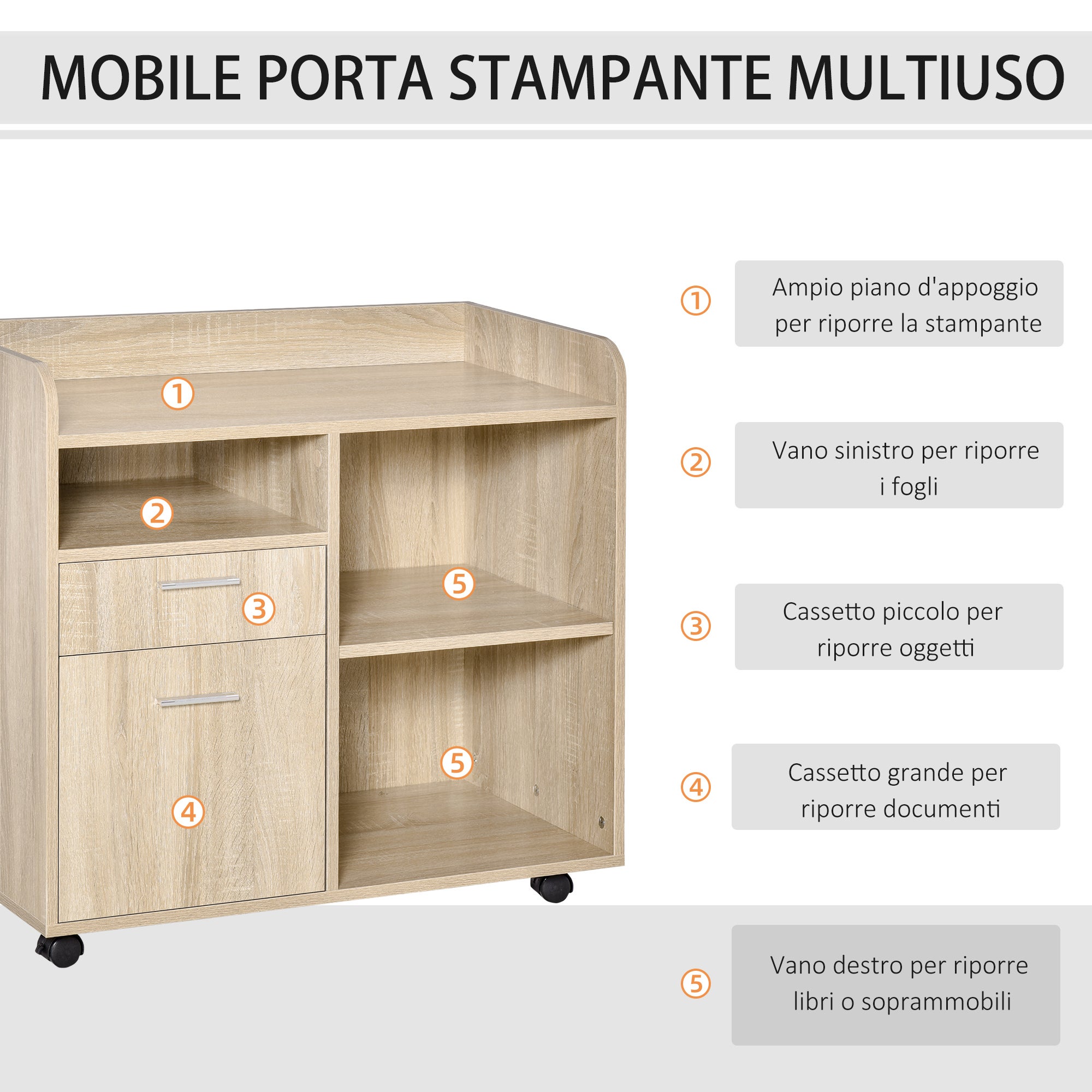 Vinsetto Mobile Porta Stampante, Mobile Ufficio, Mobiletto Basso, Mobile Multiuso Con 4 Ruote, Rovere, 80x40x72cm - 4