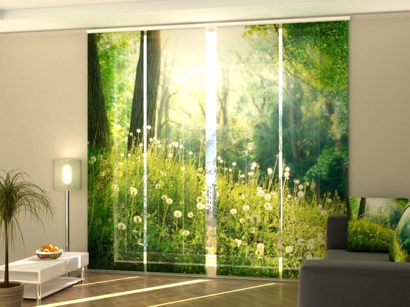 4 paneles japoneses wellmira con riel de 4 vías, 60x300 cm - diseño dientes de león veraniegos