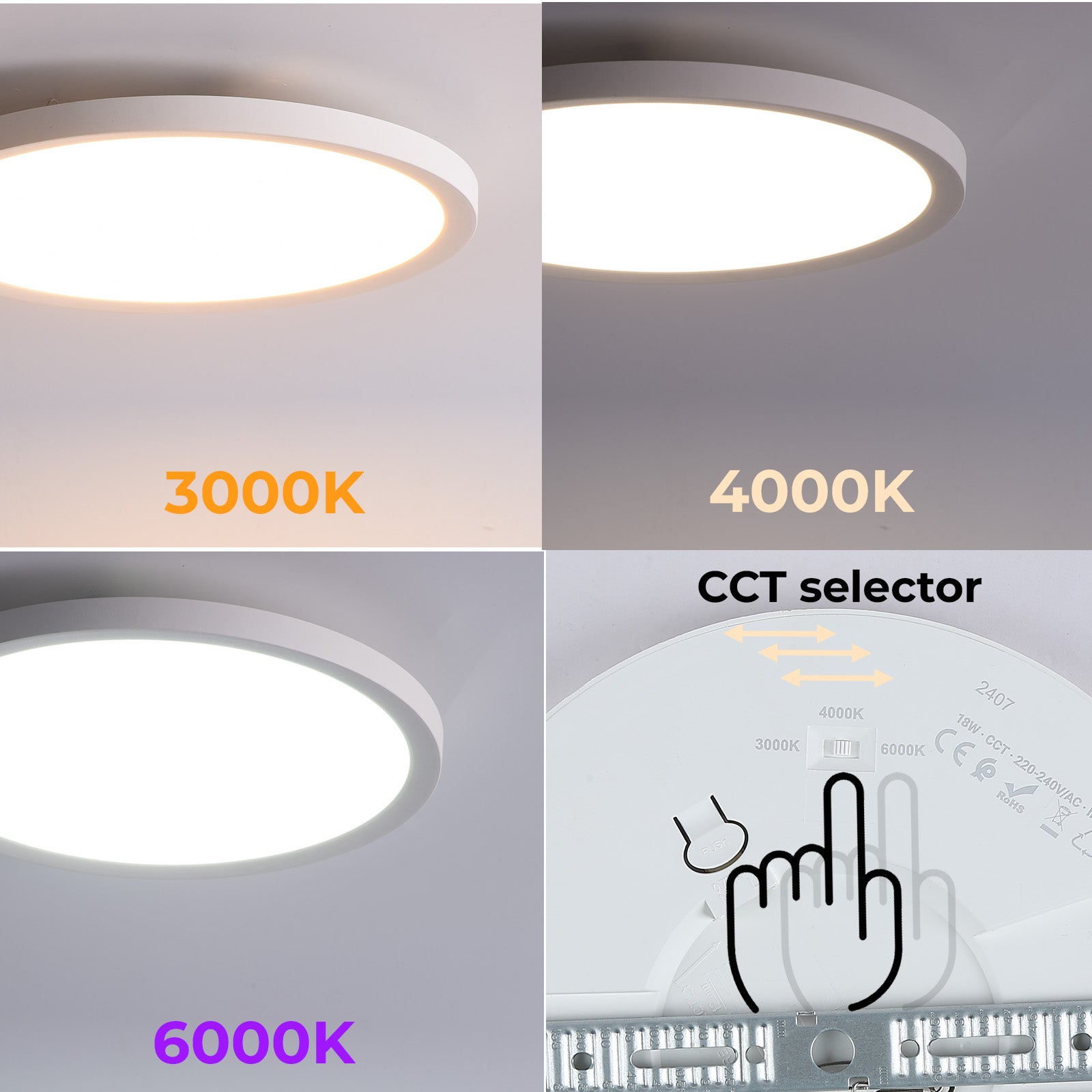 Plafón LED Techo blanco Ø225mm 18W IP44 exterior, empotrable/superficie, diámetro ajustable, CCT 3000K-6000K, ultra fino 17mm, baño, cocina - 2
