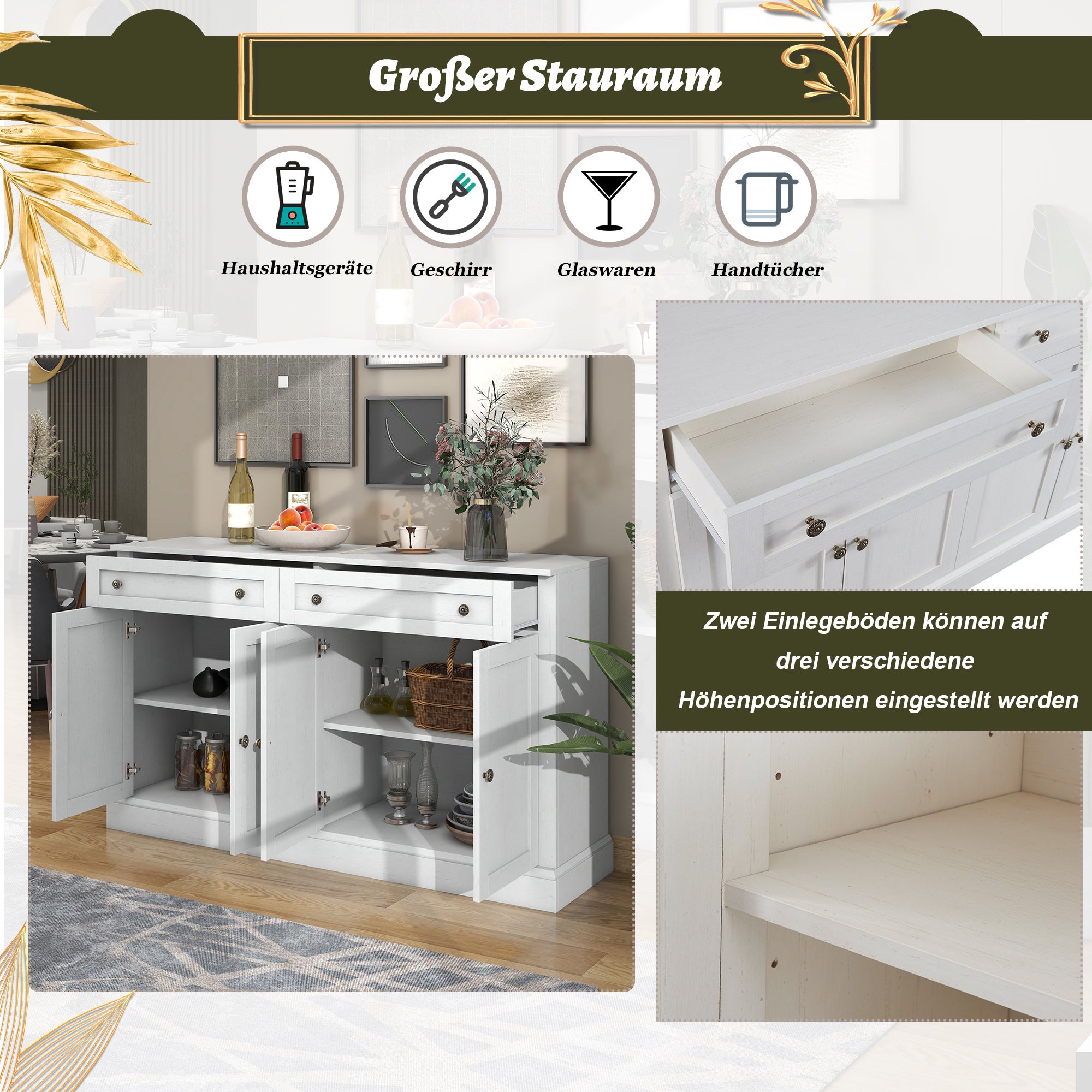 Credenza con 4 ante e 2 cassetti - legno MDF e maniglie in metallo - colore rovere e bianco - 150 x 40 x 86 cm - 7