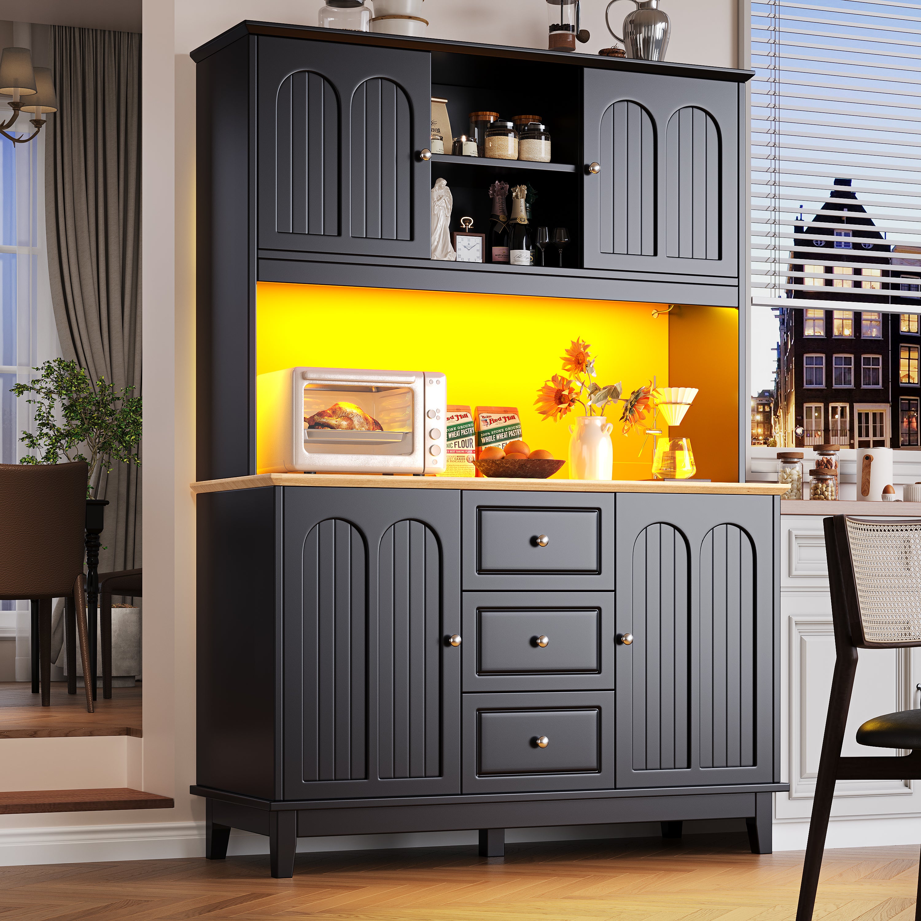 Kredens kuchenny 120 x 45 x 180 cm - 4 drzwi + 3 szuflady + 10 półek - Szafka wisząca - z oświetleniem LED - Styl nowoczesny - Czarny