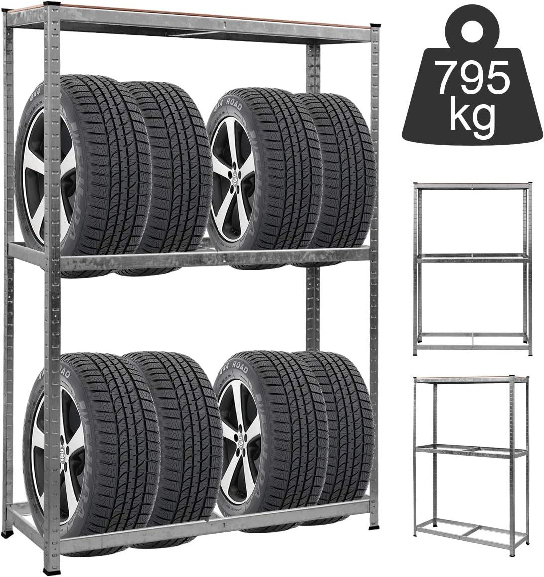 Regał na opony, stojak na opony, regał warsztatowy, regał do dużych obciążeń, metalowy, 3 poziomy, obciążenie do 795 kg, ocynkowany regał na felgi,