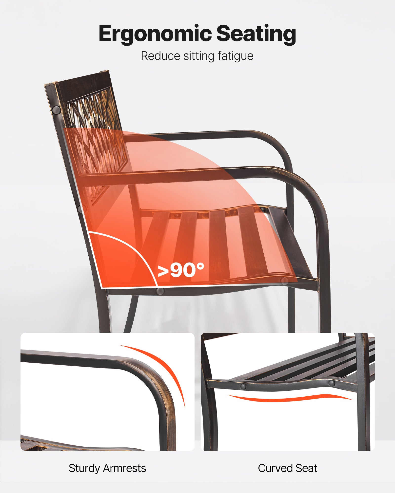 Banc de jardin,VEVOR 116 cm,en acier carbone avec dossier en maille PVC et accoudoirs à bords arrondis,pour terrasse,parc,bronze antique - 5