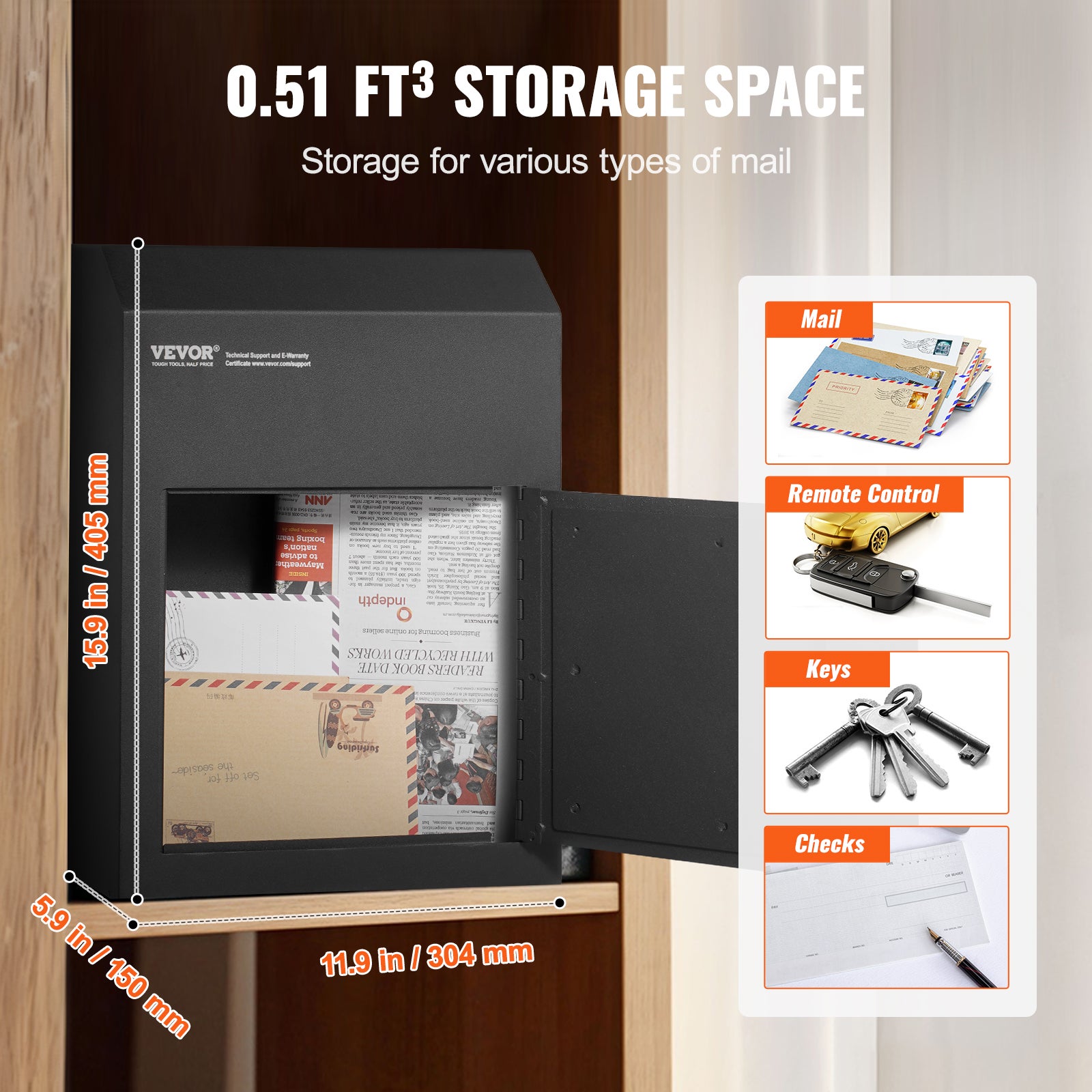 Boîte aux Lettres Encastrable Porte,VEVOR 304x150x405 mm,Boîte Dépôt Courrier Travers la Porte,43 mm,en Acier Robuste,Verrouillage à Clé pour Lettres - 3