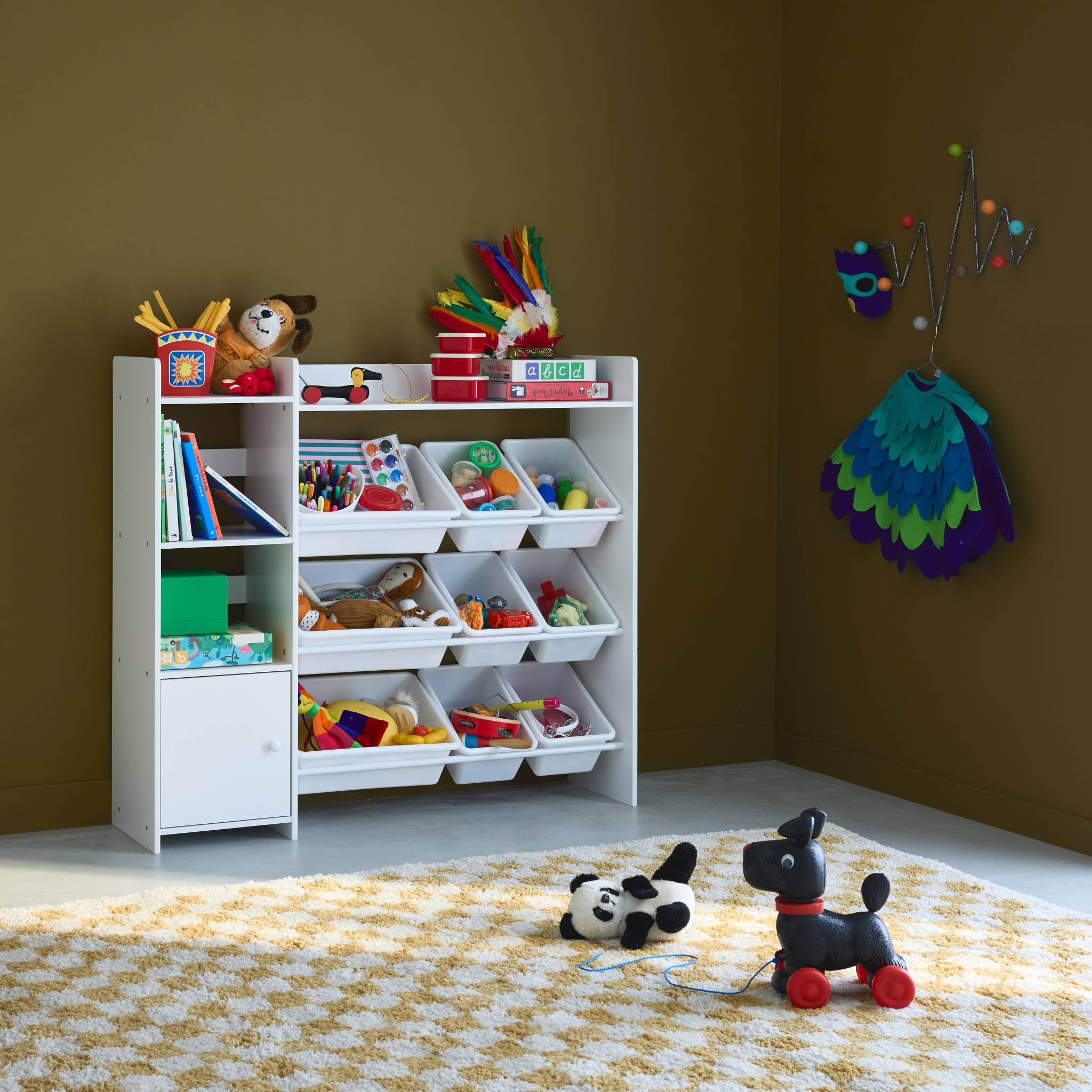 Arrumação para crianças com 9 caixas de arrumação, 4 prateleiras, 1 porta, Sora, Branco, 111.8x29.7x100 cm - 3