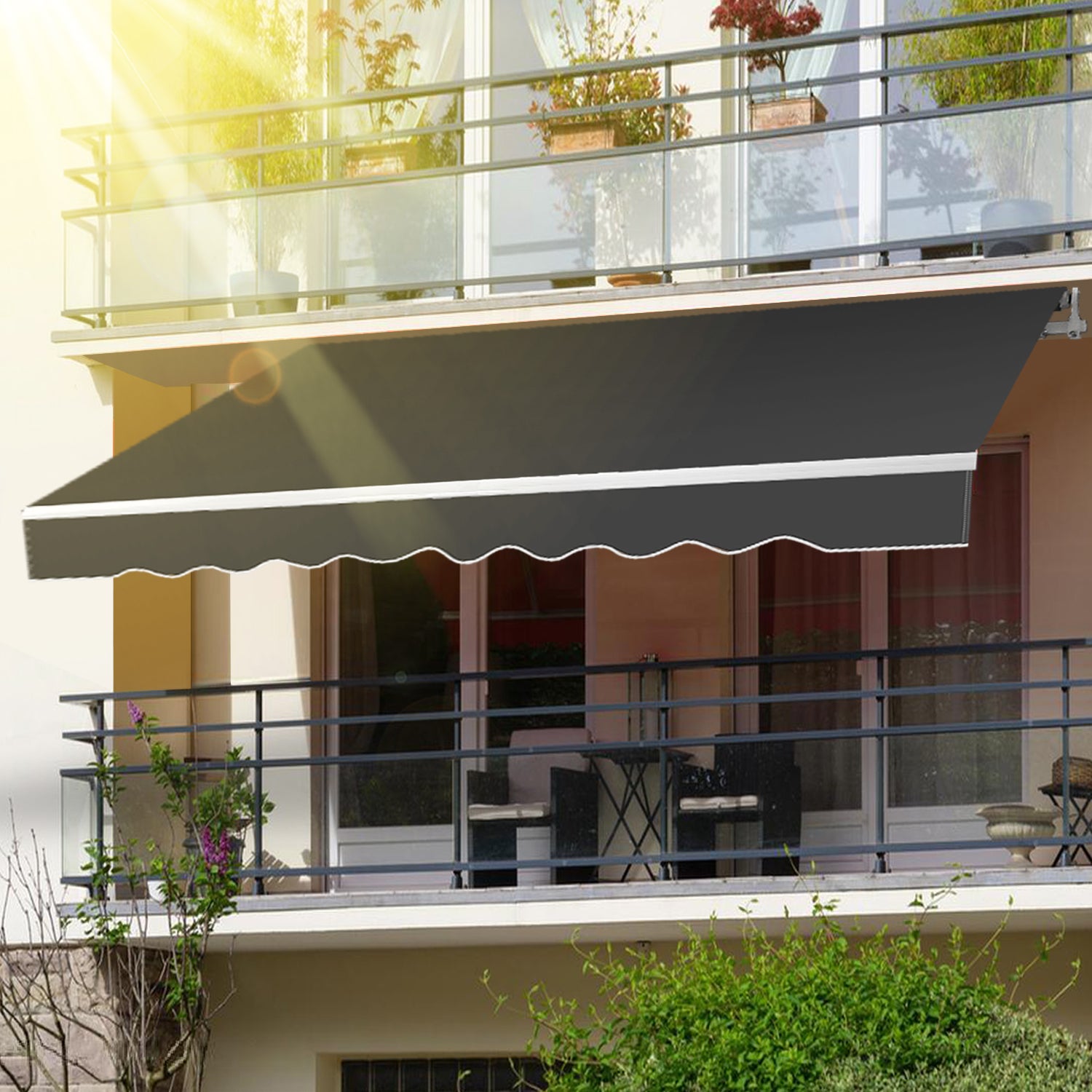 Tenda da sole manuale 350 x 300 cm grigia per esterni, pensilina per balcone, protezione solare articolata, terrazza, giardino - 7